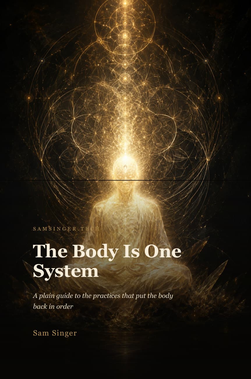 Cover of The Body Is One System, a luminous gold figure in meditation against black.