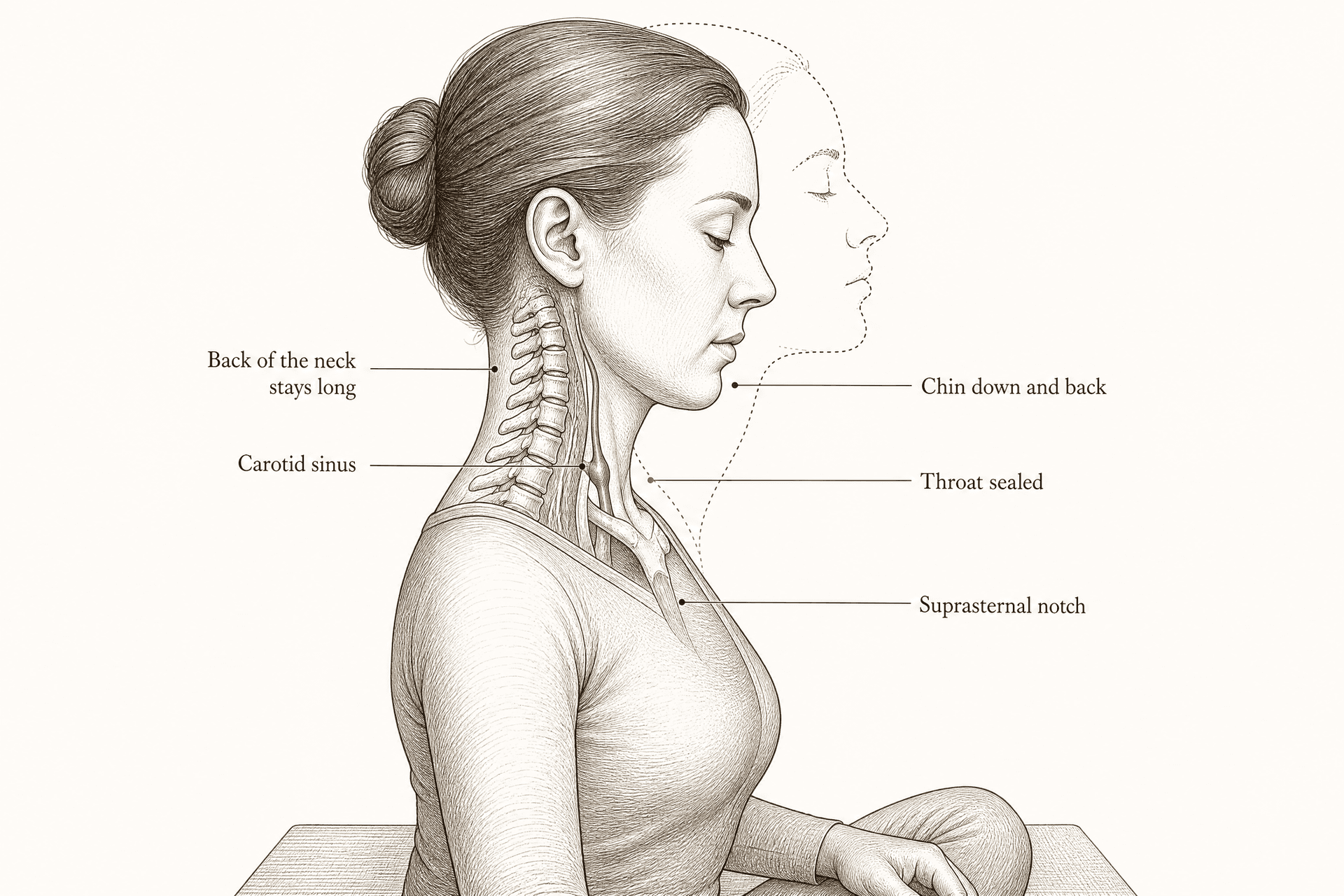 A large side profile of the head and neck draws the head twice, upright on a broken line and with the chin travelled down and back into the hollow at the top of the breastbone on a solid line, with the carotid sinus marked at the fork of the artery.