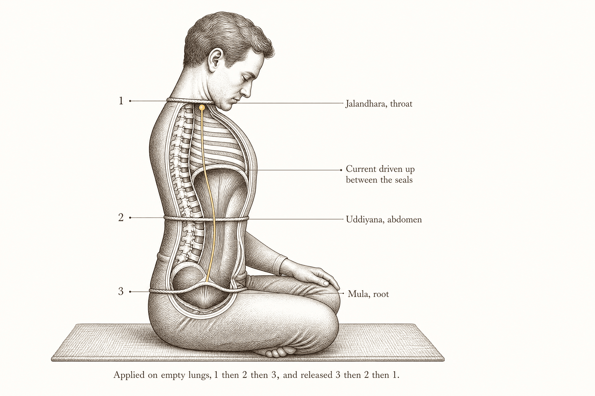 A seated side profile in full cutaway carries three closed bands across the body, numbered one at the throat, two at the abdomen and three at the pelvic floor, with a single brass line running up the spine between the sealed base and the sealed throat.
