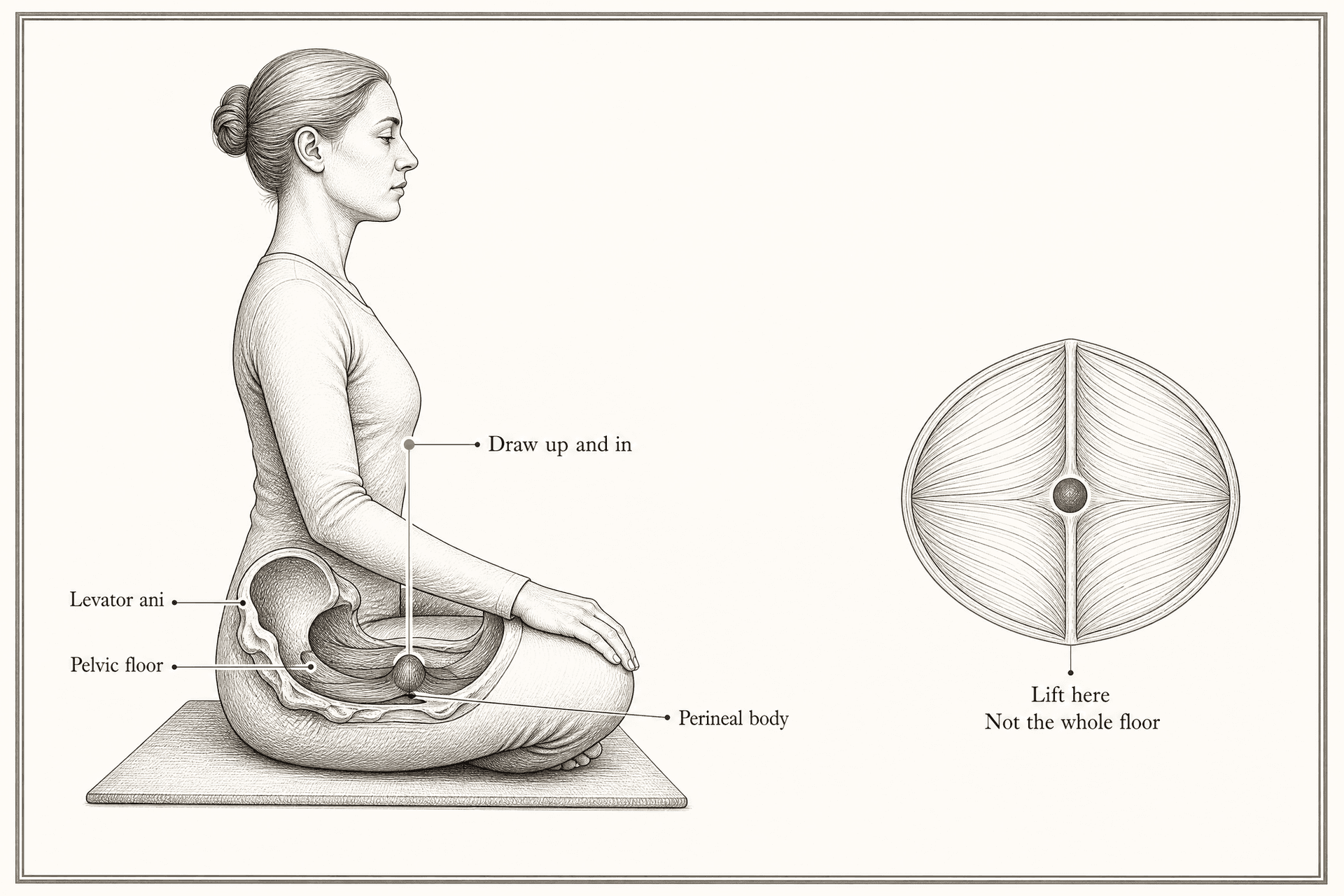 A seated side profile with the pelvis in cutaway shows a small central dome of the pelvic floor lifted upward into the pelvic bowl, beside a separate diagram of the floor with only its centre point marked.