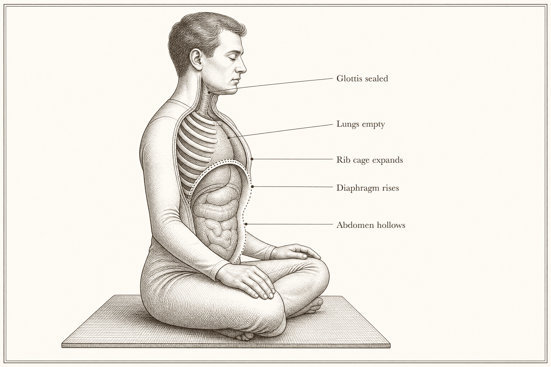 A seated side profile in cutaway draws the abdominal wall twice, relaxed on a solid line and carried far back and up under the ribs on a broken line, with the diaphragm risen and the chest expanded.
