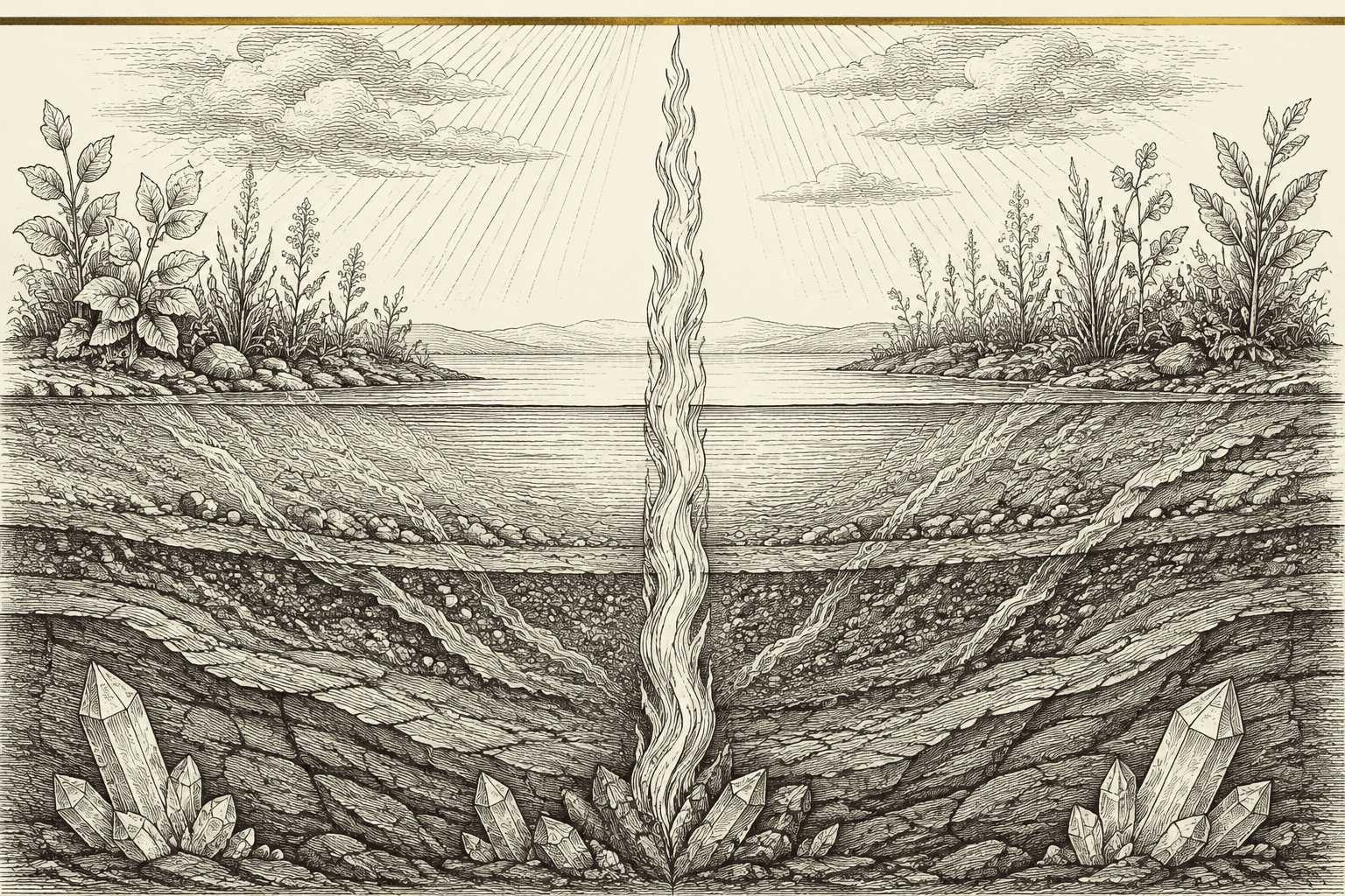 An engraved cross-section rising through five registers, from mineral bedrock through clearing water and falling light to a slender rising flame and a thin seam of gold at the top.