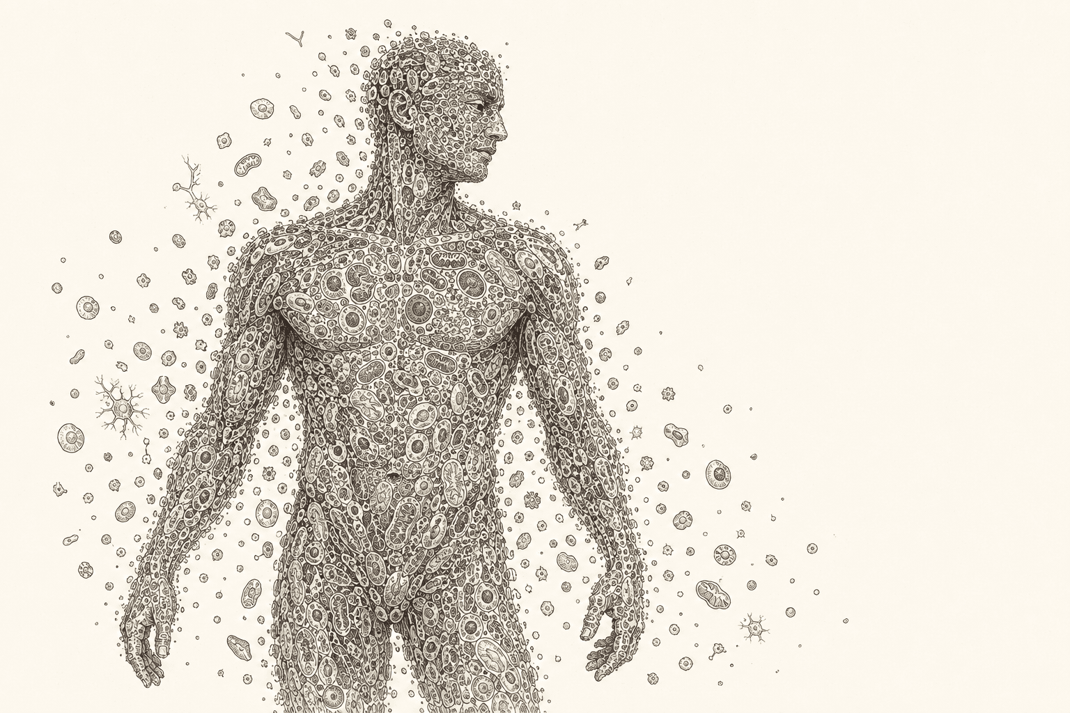 An engraved plate of a standing human figure whose interior resolves into thousands of minute individual cells, dissolving at the silhouette into single drifting cells.