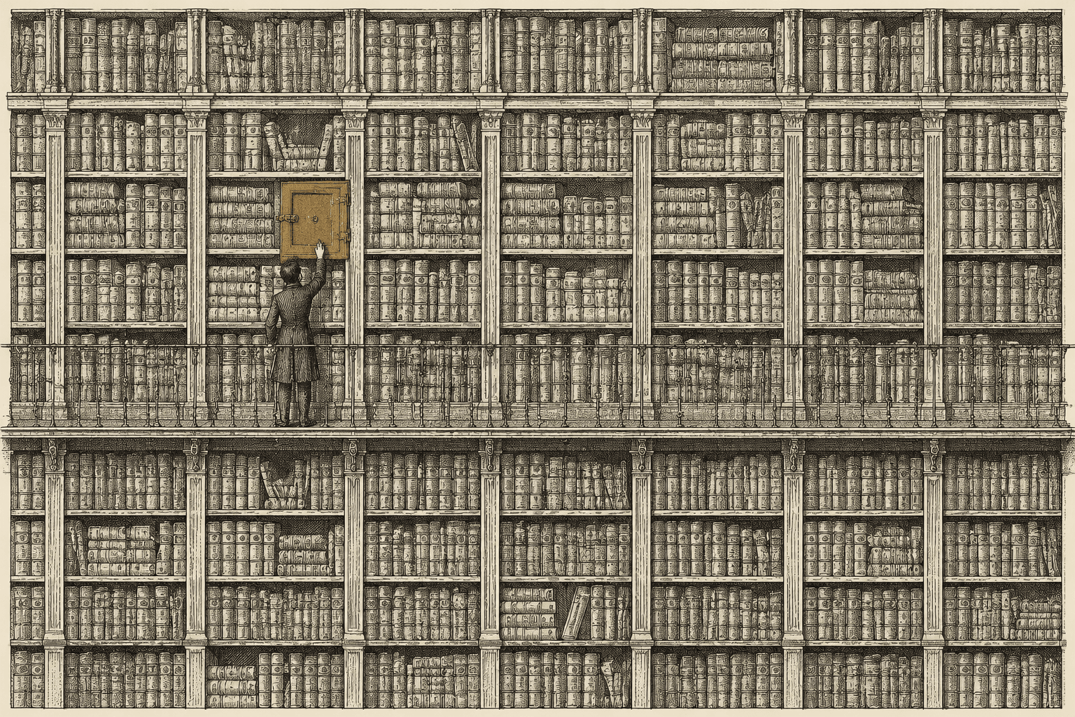 An engraved plate of a great library wall dense with books, a lone figure on a gallery reaching for the one compartment sealed behind a small brass door.
