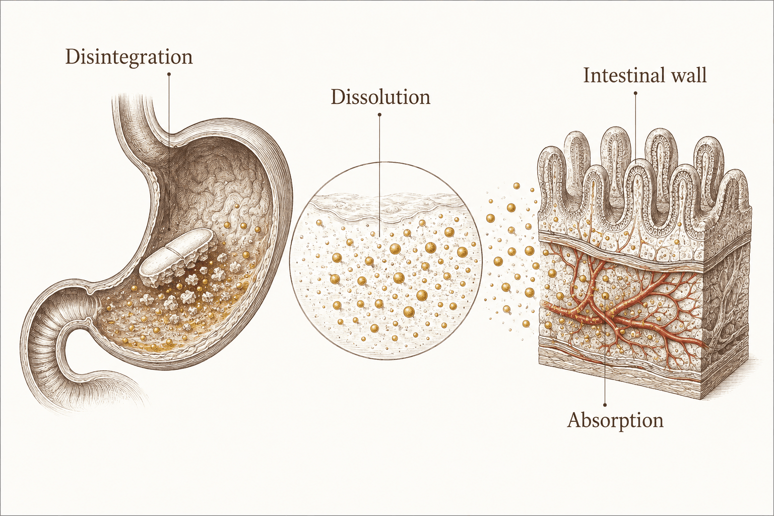 A tablet breaks apart in the stomach, dissolves into small molecules, and crosses the one-cell intestinal lining into a capillary.