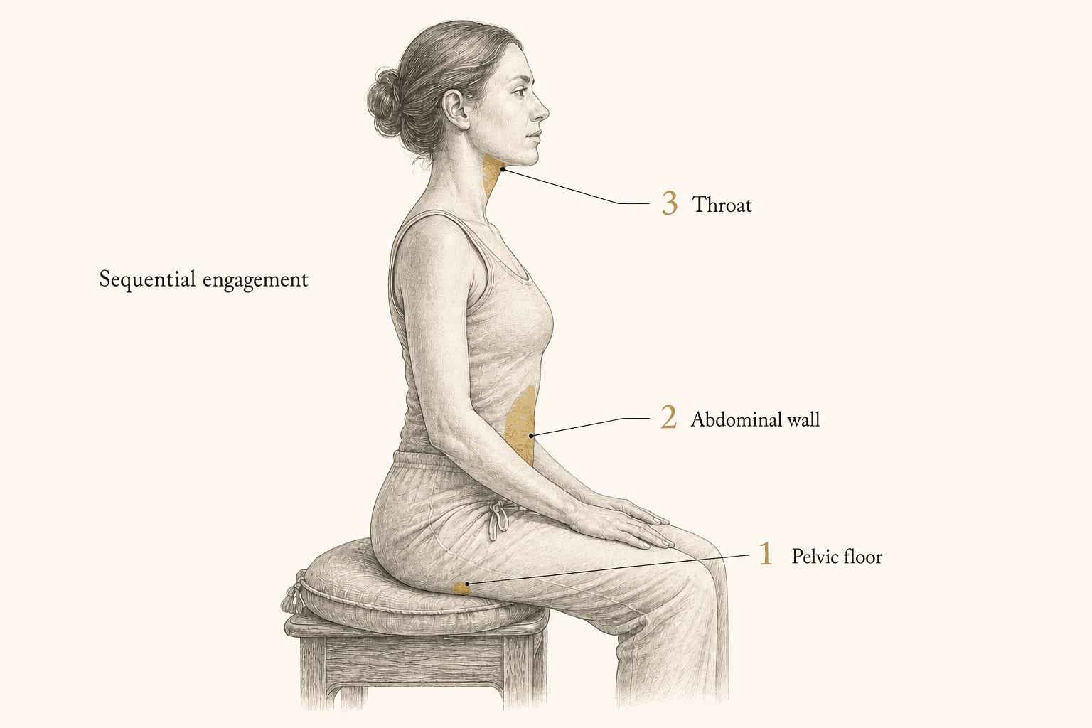 A clothed seated side profile locates the pelvic-floor, abdominal-wall, and throat regions in a numbered sequence.