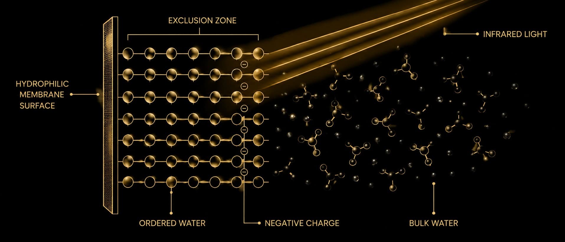 A labelled aurum cross-section on obsidian of a hydrophilic membrane with ordered, layered exclusion-zone water building against it, dissolved particles pushed away into the bulk liquid beyond, infrared light arriving to power the structuring.