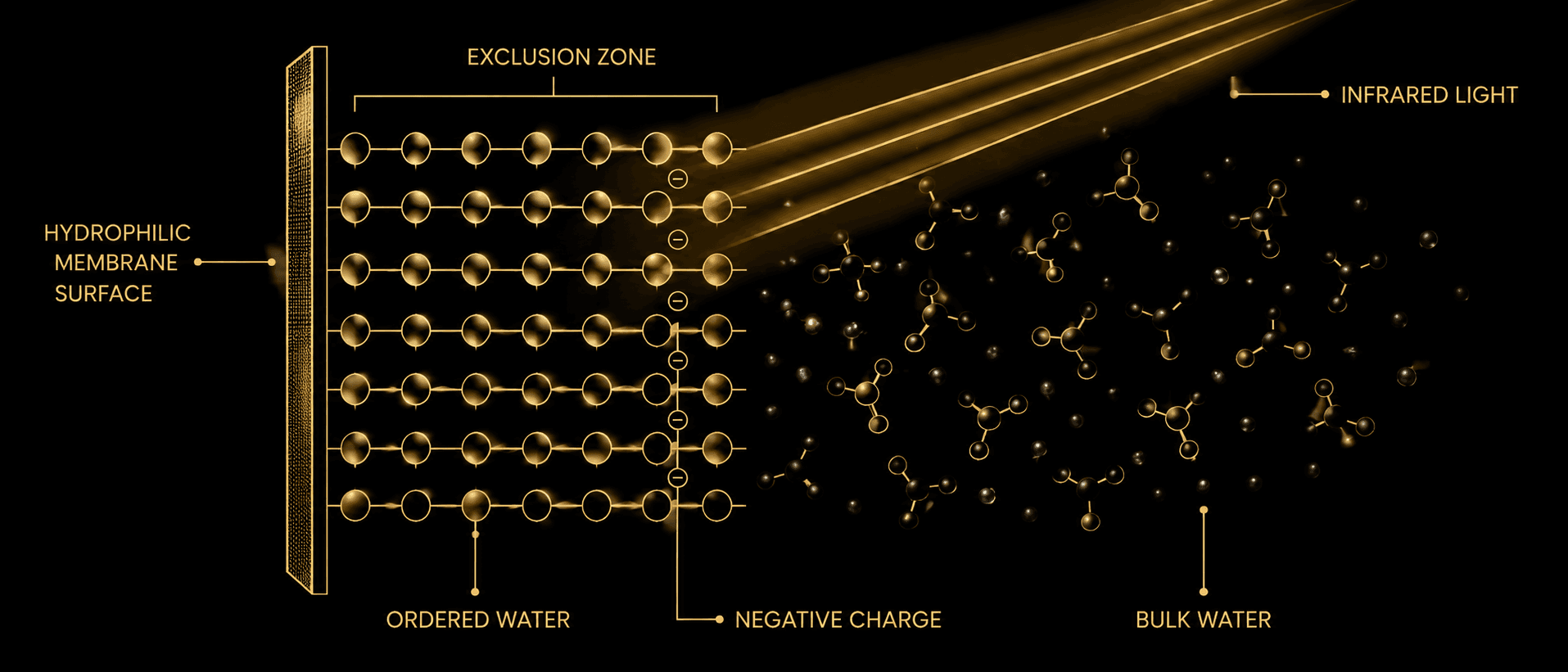 A labelled aurum cross-section on obsidian of a hydrophilic membrane with ordered, layered exclusion-zone water building against it, dissolved particles pushed away into the bulk liquid beyond, infrared light arriving to power the structuring, negative charge marked in the zone.