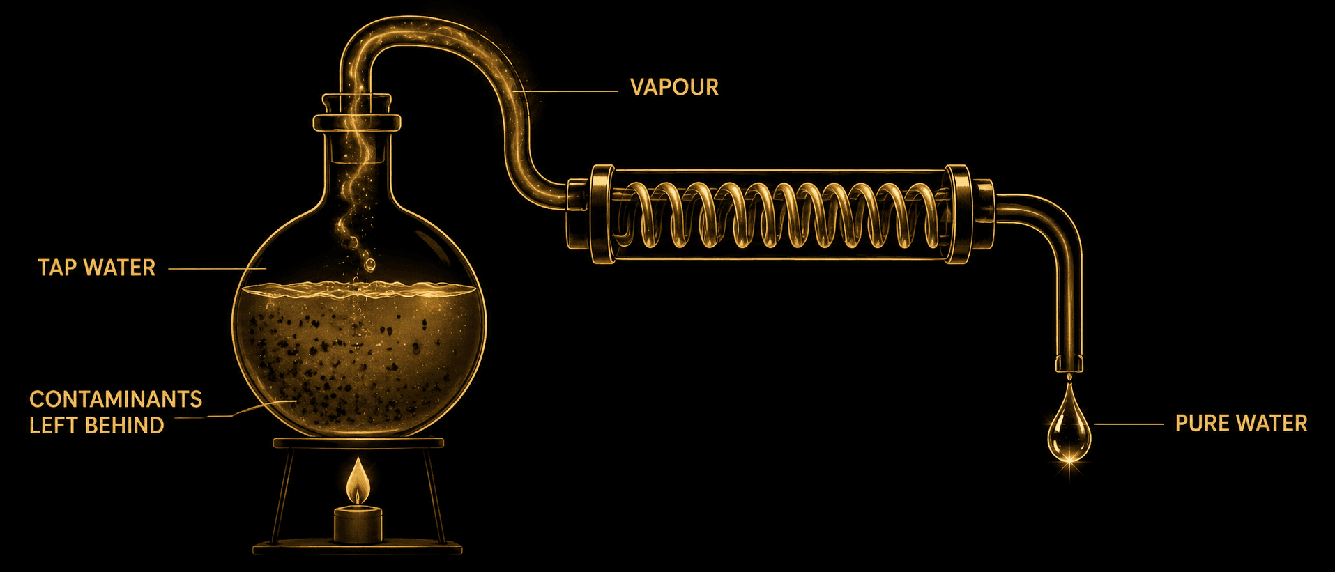 A labelled aurum diagram on obsidian of the distillation cycle: tap water with suspended contaminants boiling, pure vapour rising and leaving metals, fluoride, salts and plastics behind, the vapour condensing into a clear drop, with leader-line annotations.