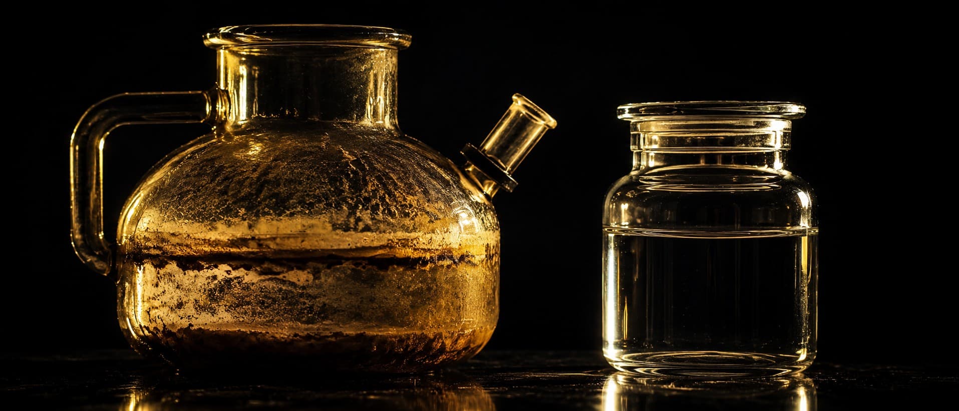 A glass boiling chamber on obsidian, its interior stained with a ring of brown mineral scale and fine sediment, beside a clear jar of distilled water, rendered in aurum on black.