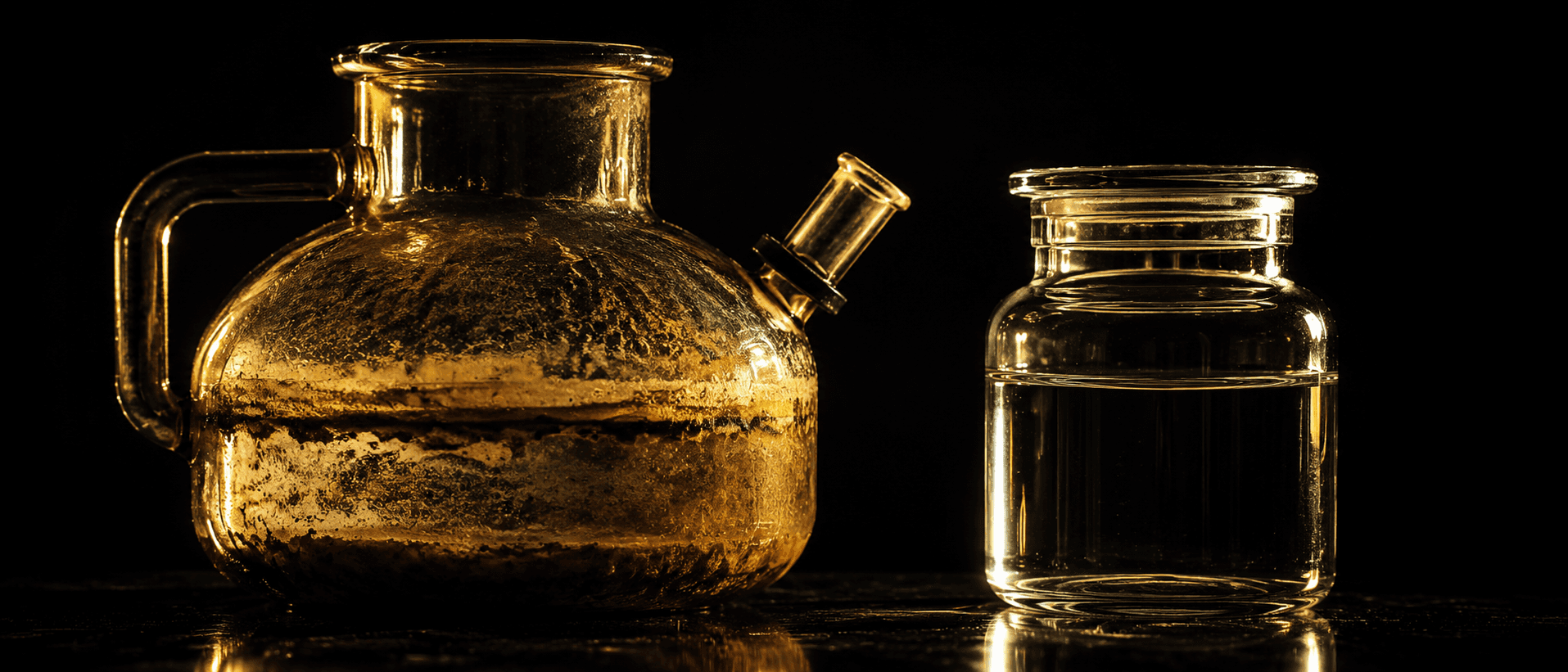 A glass boiling chamber on obsidian, its interior stained with a ring of brown mineral scale and fine sediment, beside a catch jar of perfectly clear distilled water, rendered in aurum on black.