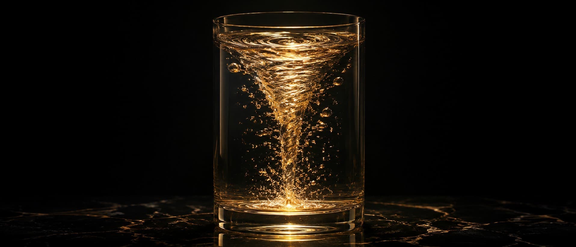A tall glass vessel on obsidian with water drawn into a deep luminous spiral vortex, the funnel glowing aurum gold, fine bubbles rising along the spinning column, the geometry of a mountain stream rendered as sacred form on black.