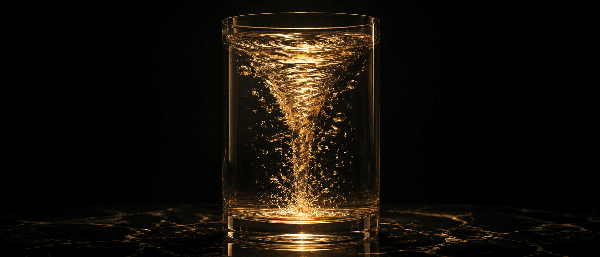 A tall glass vessel on obsidian with water drawn into a deep luminous spiral vortex, the funnel glowing aurum gold, fine bubbles rising along the spinning column, the geometry of a mountain stream rendered as sacred form on black.