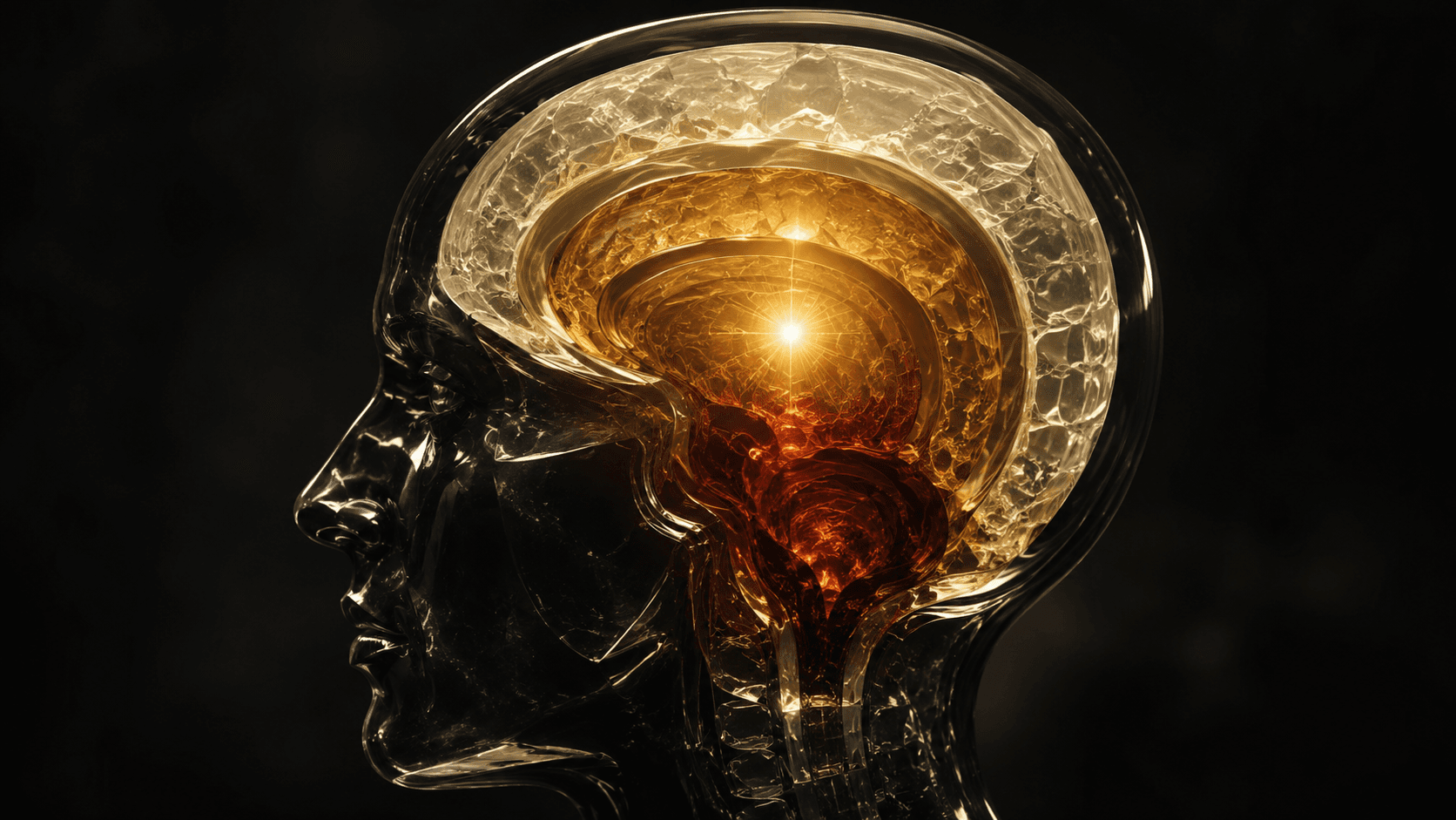 A human head in profile rendered in aurum hairline linework on obsidian, three nested regions glowing in sequence from a dim red brainstem at the base, through an amber limbic core, to a bright gold cortex and a radiant point at the centre of the skull, the same ladder drawn in neuroanatomy.
