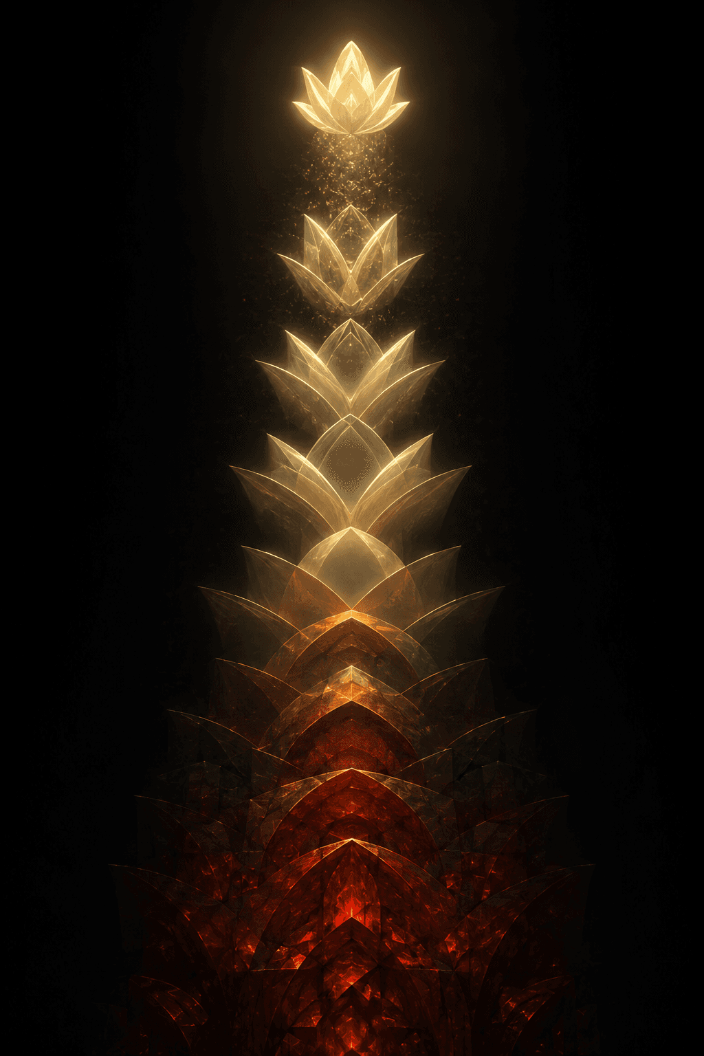 A single column of seven luminous gate-forms ascending against an obsidian field, the lowest three dense and dim in heavy ember-red and amber, the upper gates clearing to bright aurum, and a radiant crown at the very top whose light scatters faintly downward into a small cluster of dim points far below it. Aurum on black.
