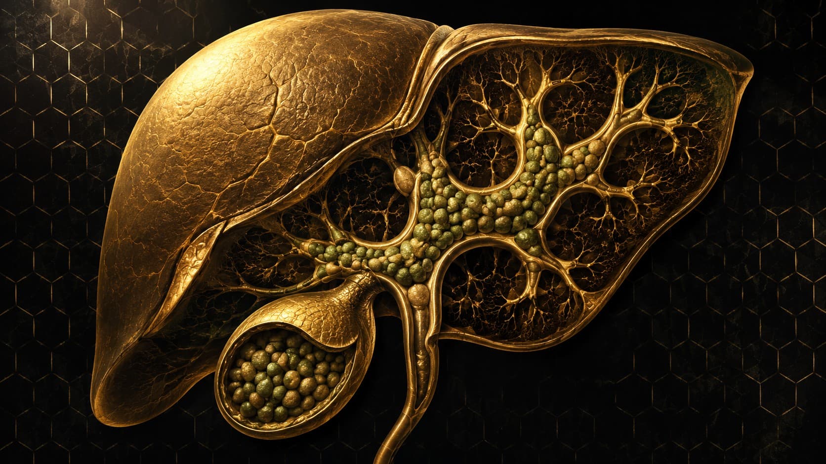 Editorial anatomical illustration of a human liver in aurum on obsidian, its branching biliary tree rendered as fine golden channels packed and clogged with hundreds of soft green and tan stones, the ducts swollen and narrowed around the obstructions.