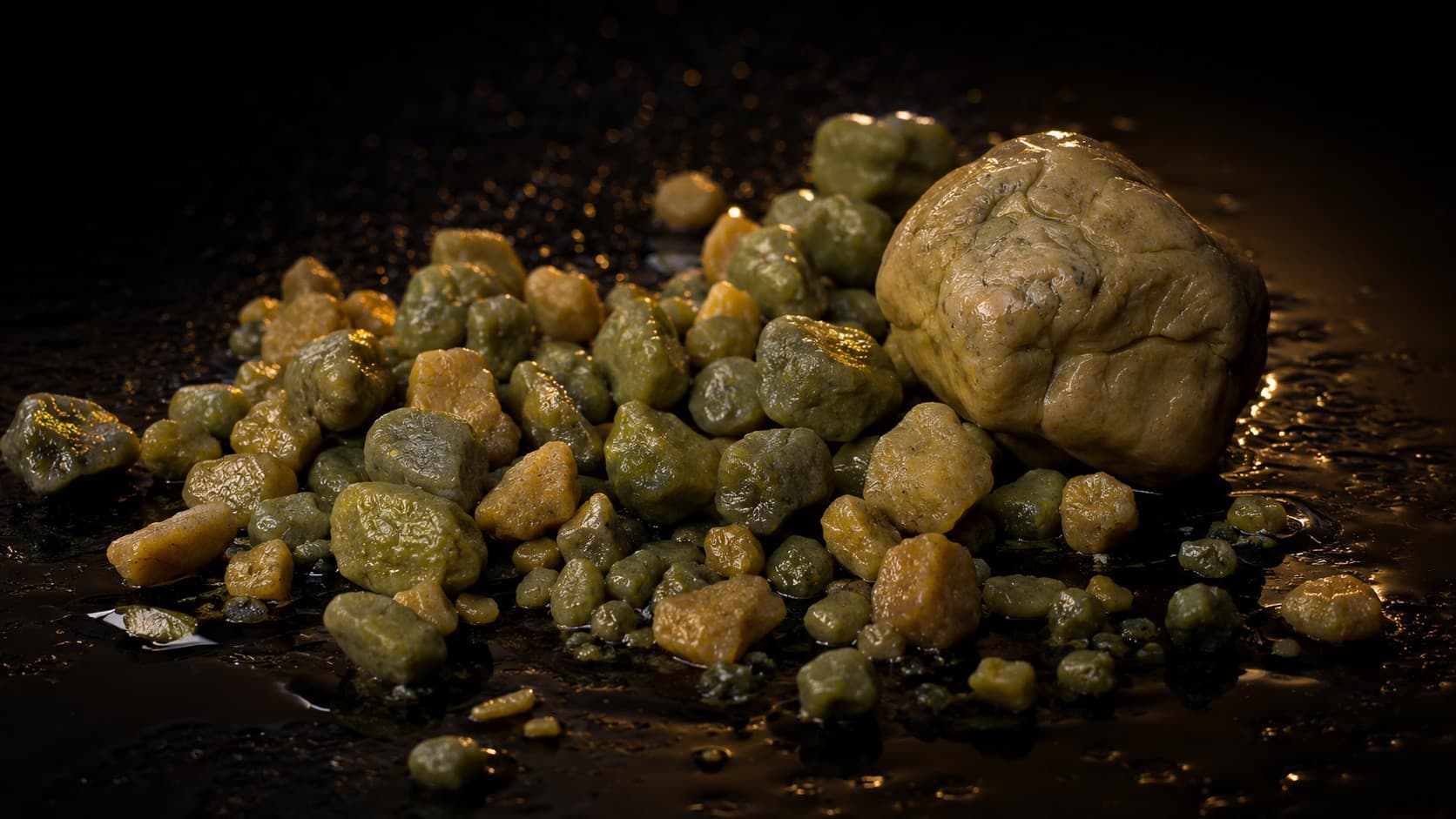 Photographic close-up of dozens of passed cholesterol stones against a dark field: waxy, irregular, pea-green and tan, sizes from small grains to a single larger stone, the texture soft and clay-like rather than the hard pebble of a calcified gallbladder stone.