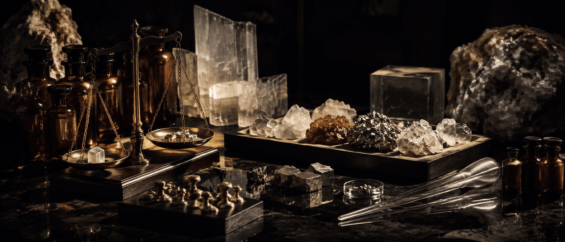 A mineralogist's collection arranged on polished obsidian — amber glass bottles, mineral specimen blocks (selenite, salt, pyrite), brass weighing scales, glass pipettes, lit by aurum spotlight.