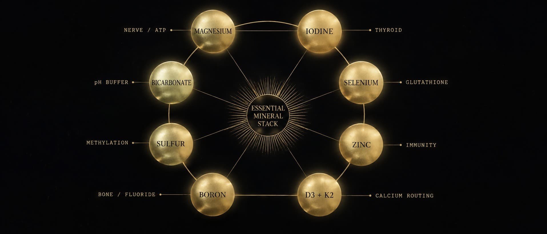 A circular eight-node functional map in aurum on obsidian. Each node names one of the essential minerals, with a short caption naming its primary role: nerve and ATP, thyroid, glutathione, immunity, calcium routing, bone and fluoride, methylation, pH buffer.