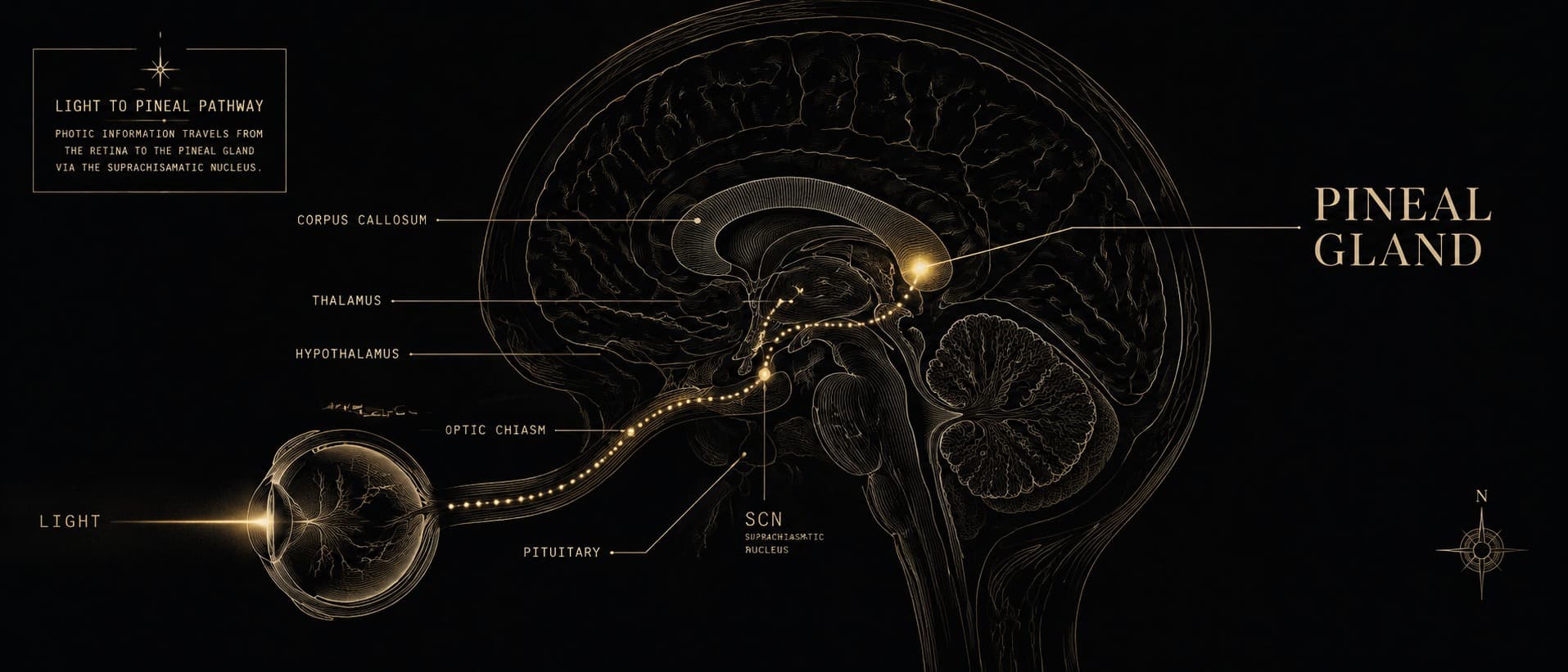 A sagittal cutaway of the human brain in aurum hairline linework on obsidian, with the pineal gland labeled at the centre. A dotted aurum line traces the light pathway from the eye through the optic chiasm and suprachiasmatic nucleus to the pineal.