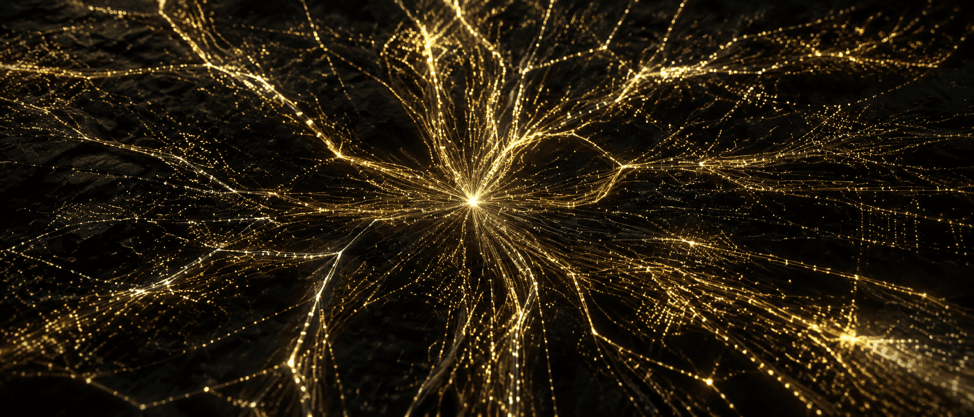 An aurum-on-obsidian luminous lattice of branching fiber-optic pathways radiating outward from a central node, representing new synaptic connections forming in a neural field.