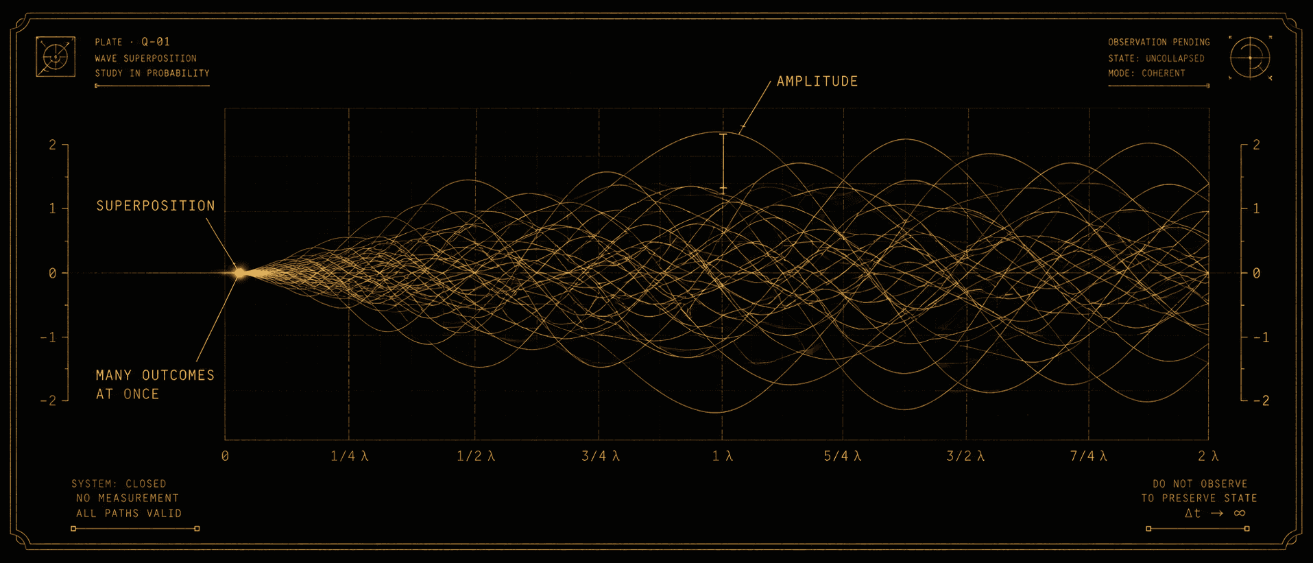 A gold-on-black scientific diagram showing a single point opening into many overlapping wave-curves coexisting at once, labelled superposition, amplitude, and many outcomes at once.