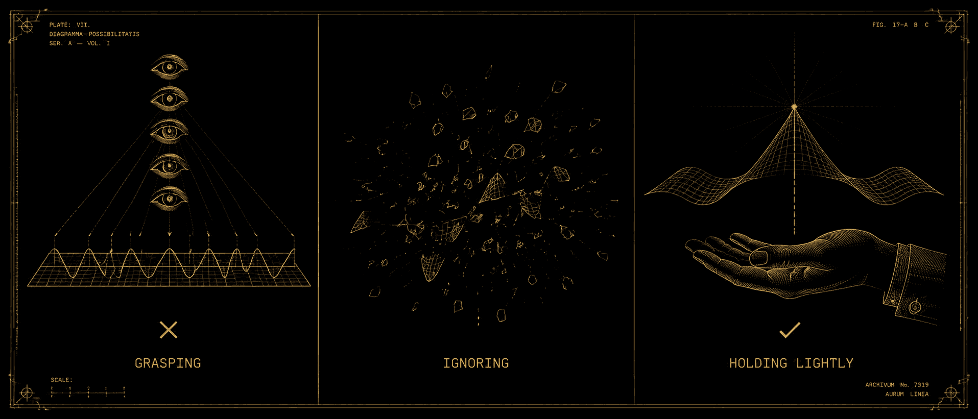A gold-on-black triptych diagram. Left panel labelled grasping shows an eye freezing a flat wave; centre panel labelled ignoring shows a wave scattering at random; right panel labelled holding lightly shows an open hand beneath a wave rising to a single bright point.