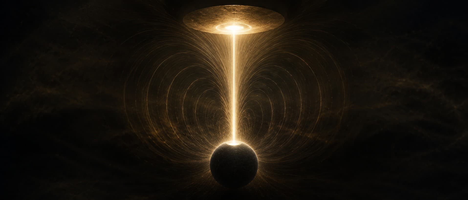 An abstract vertical circuit in aurum on deep obsidian, a bright luminous disc near the top, a dark charged sphere at the bottom, and a single straight column of golden light connecting them, with faint curved field lines arcing symmetrically between the two poles like the lines of an electric field.