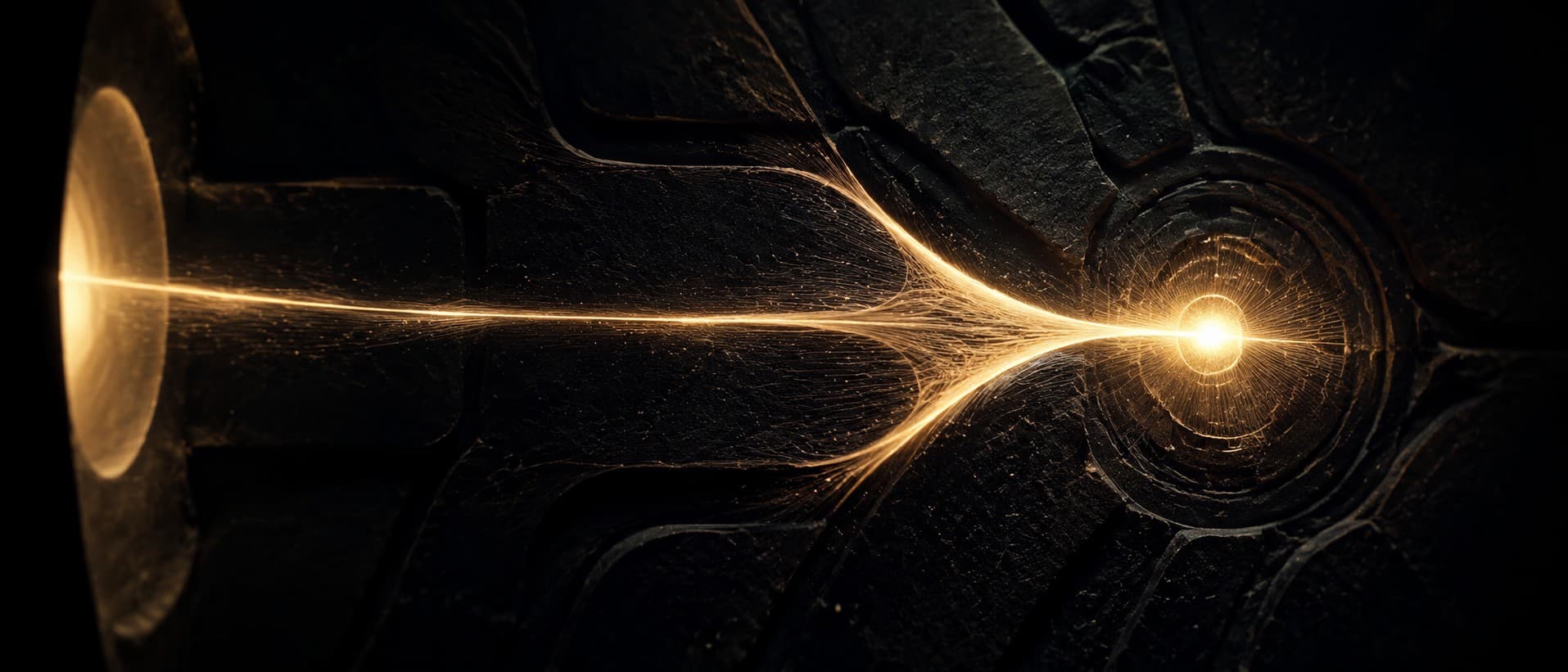 A luminous aurum branching pathway on deep obsidian, a soft circular aperture of light on one side from which a fine bright filament travels across, branching once, into a single glowing central node, like a refined fiber-optic signal cable carrying light to a core.