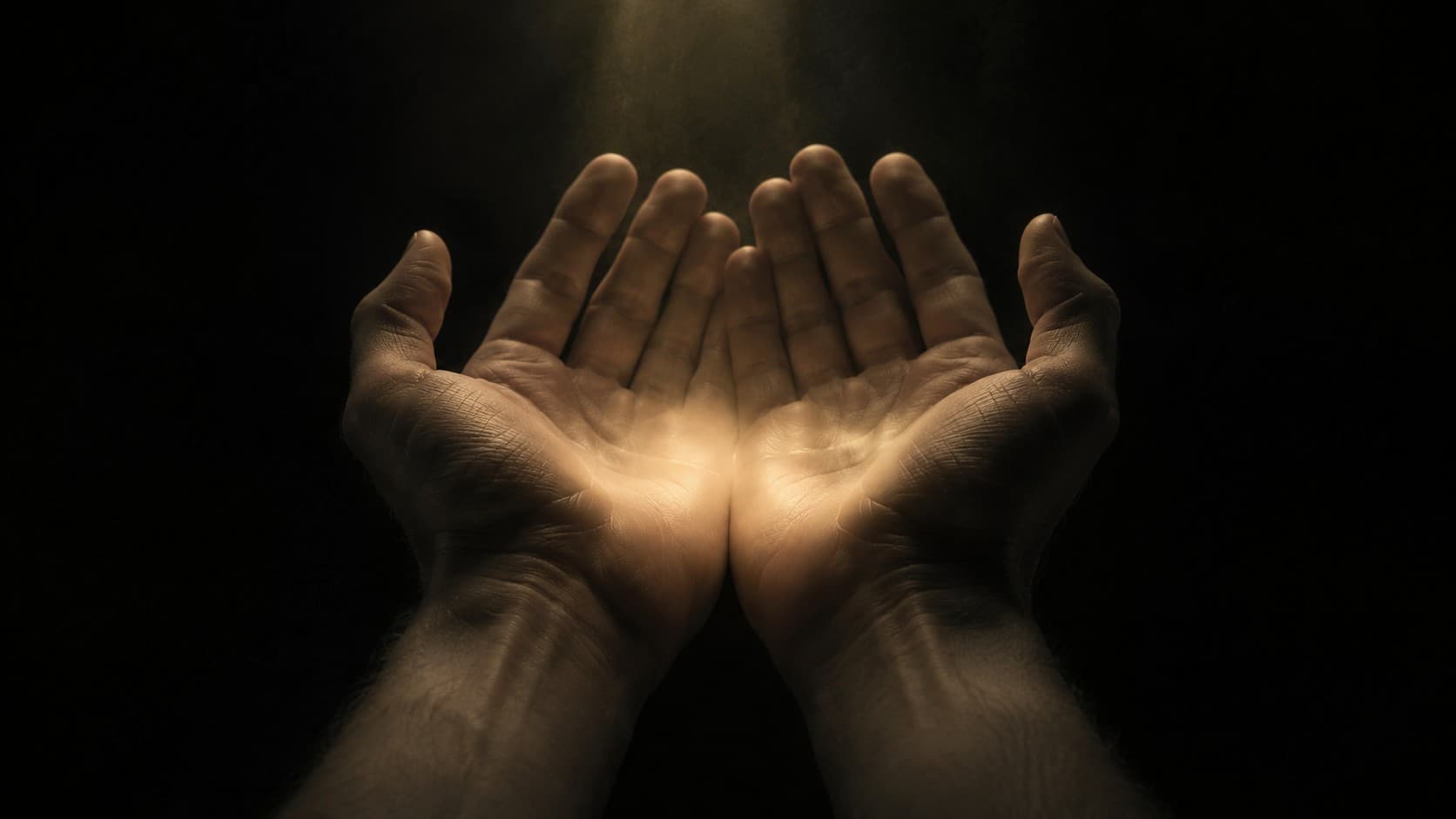 A pair of open upturned human hands, palms facing up with fingers gently spread, cupping a soft pool of warm aurum light against a deep obsidian background, lit by a single warm directional glow from above as if catching low sunlight, skin in muted desaturated tones with the aurum light gathered in the palms.