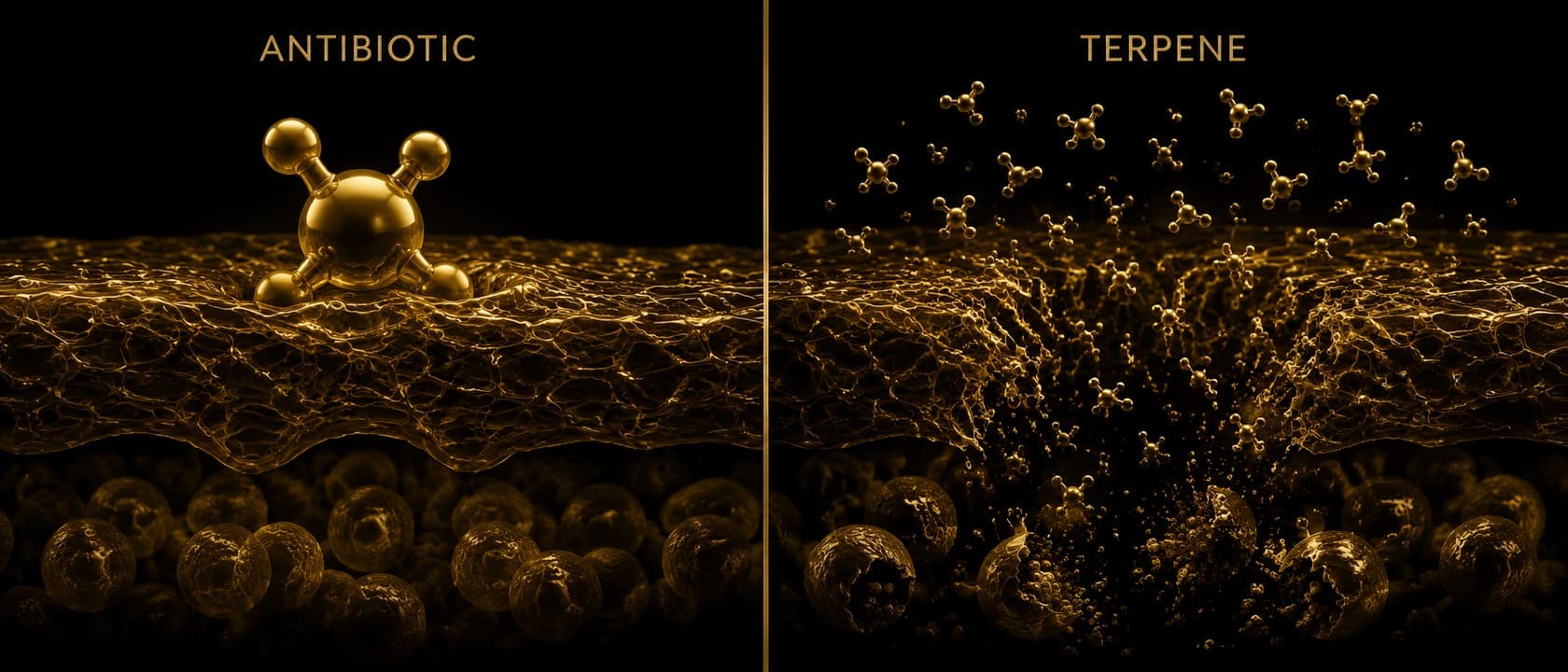 A two-panel comparison in aurum on obsidian. On the left, a large antibiotic molecule stalled at the dense biofilm matrix while dormant organisms survive deep inside the shield. On the right, small lipophilic terpene molecules dissolving straight through the fatty matrix and rupturing the cells the antibiotic could not reach.