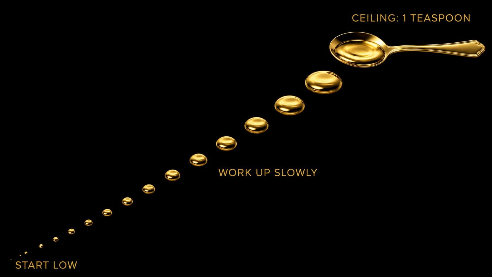 A horizontal dose diagram in aurum on obsidian. A luminous band marking the small, effective dose taken with fat, a dropper releasing one or two drops above it, and the point past which more stops helping. The whole image makes the case that the useful dose is small and precise.