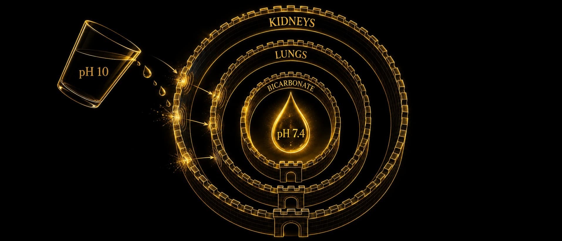A labelled aurum diagram on obsidian of a central gold droplet marked pH 7.4 defended by three concentric rings labelled bicarbonate, lungs, and kidneys, with a glass of pH 10 water pouring harmlessly against the outer ring.