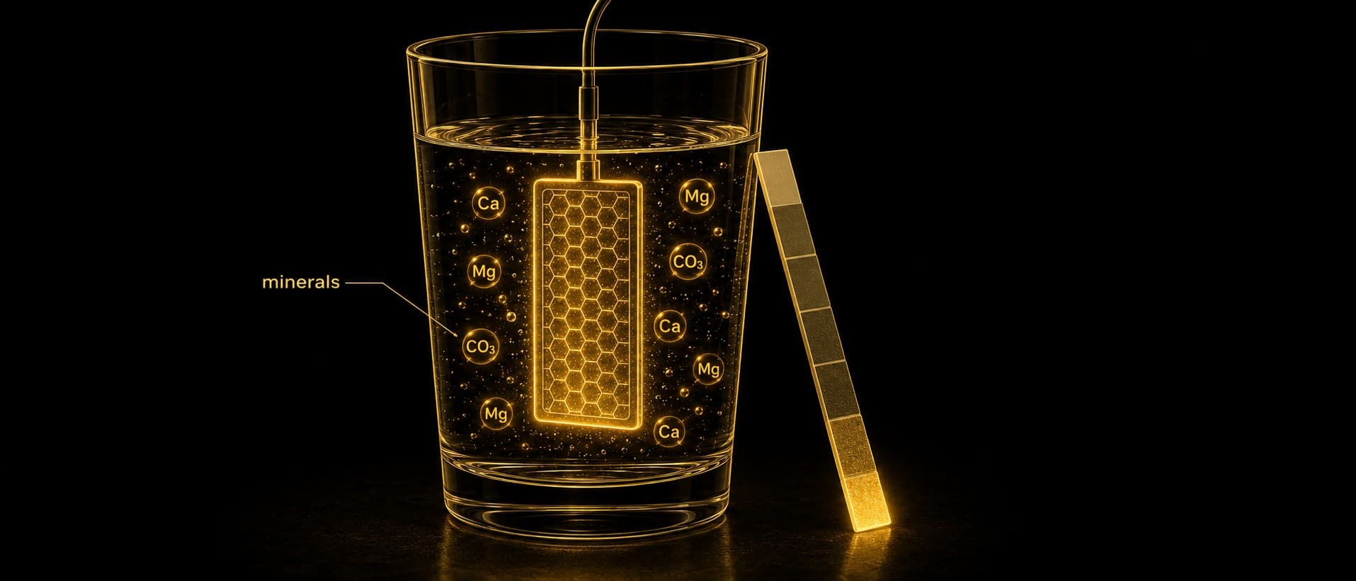 A labelled aurum illustration on obsidian of a glass of water with an electric ioniser plate glowing inside it, dissolved mineral ions scattered through the water, a leader line tagging them as minerals, and a pH strip leaning against the glass.