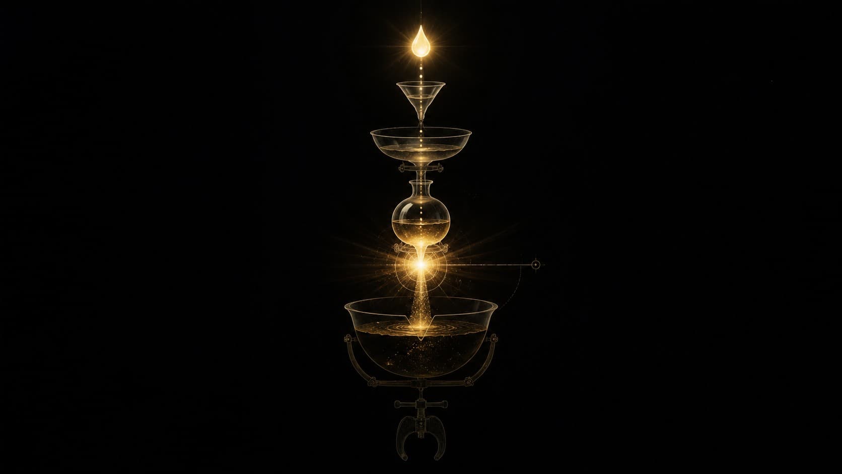 An aurum schematic on obsidian showing a refined drop of essence at the top of a chain of vessels converting downward into a denser reproductive fluid, the conversion arrow itself glowing as the point of loss, with a clamp drawn uselessly at the very bottom of the chain, far below where the essence has already been spent.