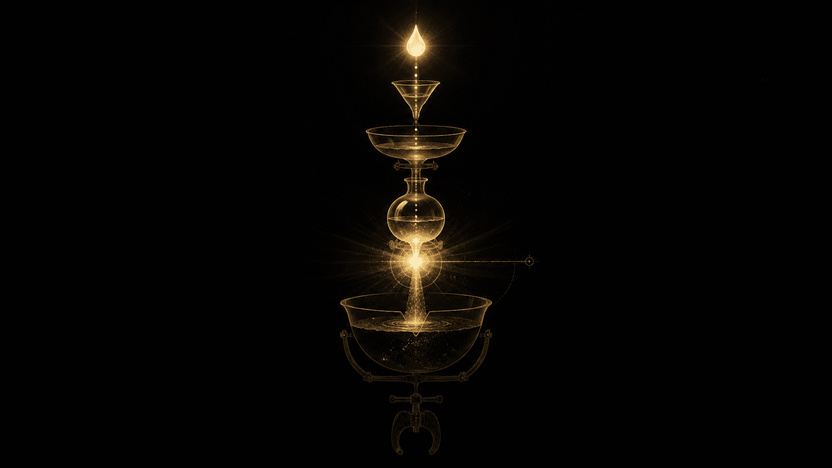 An aurum schematic on obsidian showing a refined drop of essence at the top of a chain of vessels converting downward into a denser reproductive fluid, the conversion arrow itself glowing as the point of loss, with a clamp drawn uselessly at the very bottom of the chain, far below where the essence has already been spent.
