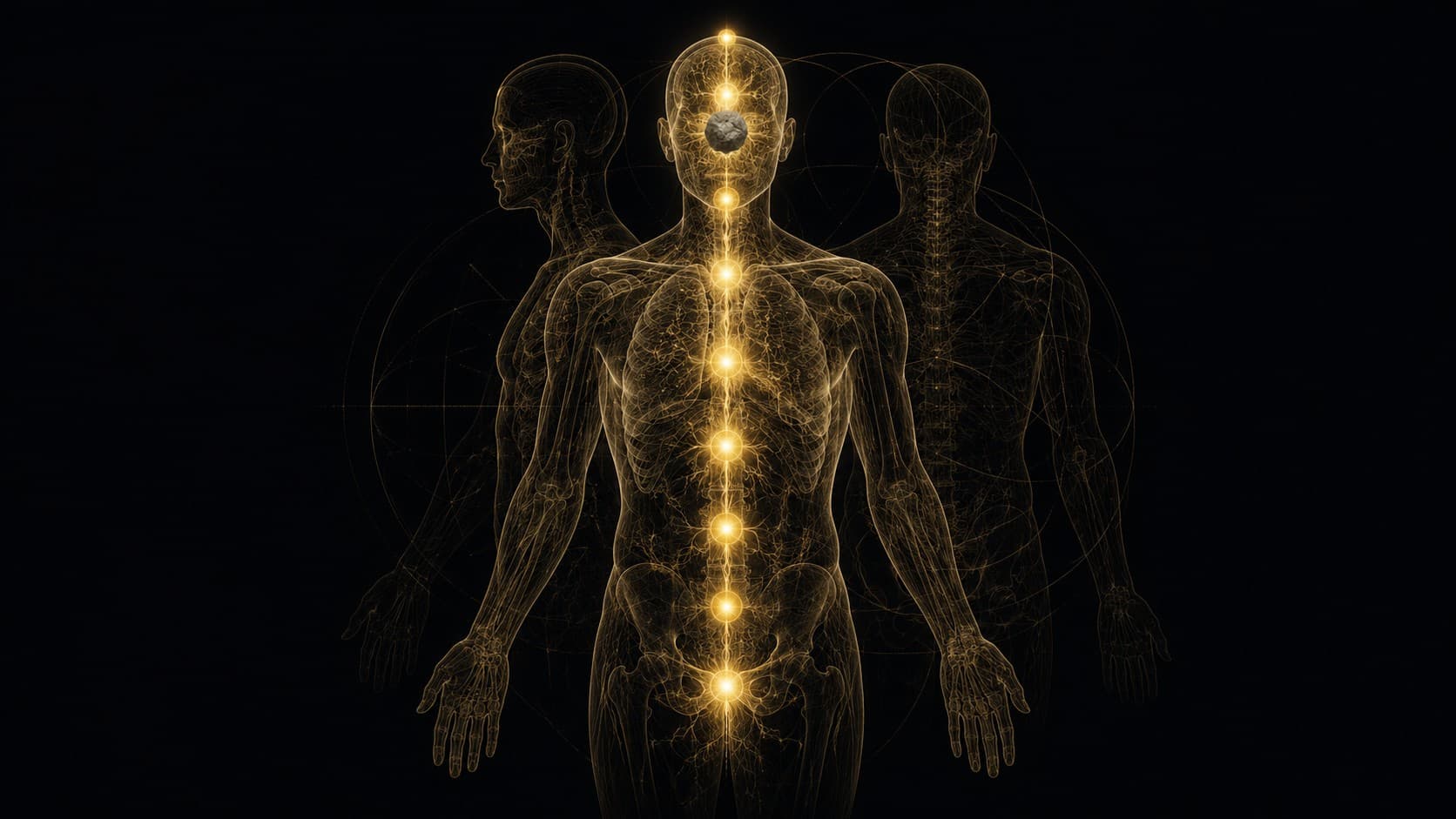 A translucent human figure in aurum linework on obsidian shown as a single instrument, a chain of glandular nodes glowing softly along the central axis from base to crown, with one node near the head rendered dark and hardened, the rising current visibly stalling and pooling beneath the sealed gate.