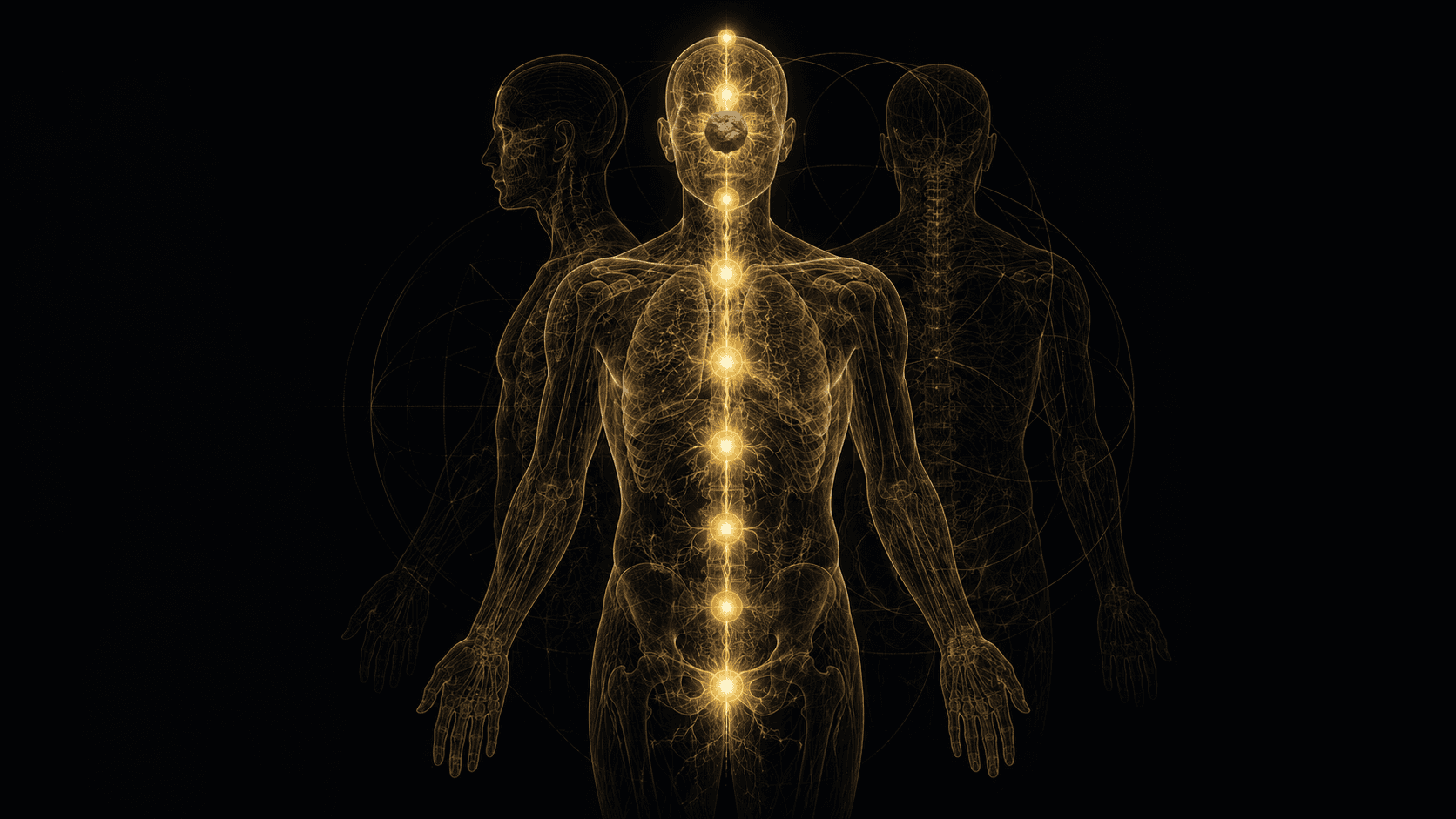 A translucent human figure in aurum linework on obsidian shown as a single instrument, a chain of glandular nodes glowing softly along the central axis from base to crown, with one node near the head rendered dark and hardened, the rising current visibly stalling and pooling beneath the sealed gate.