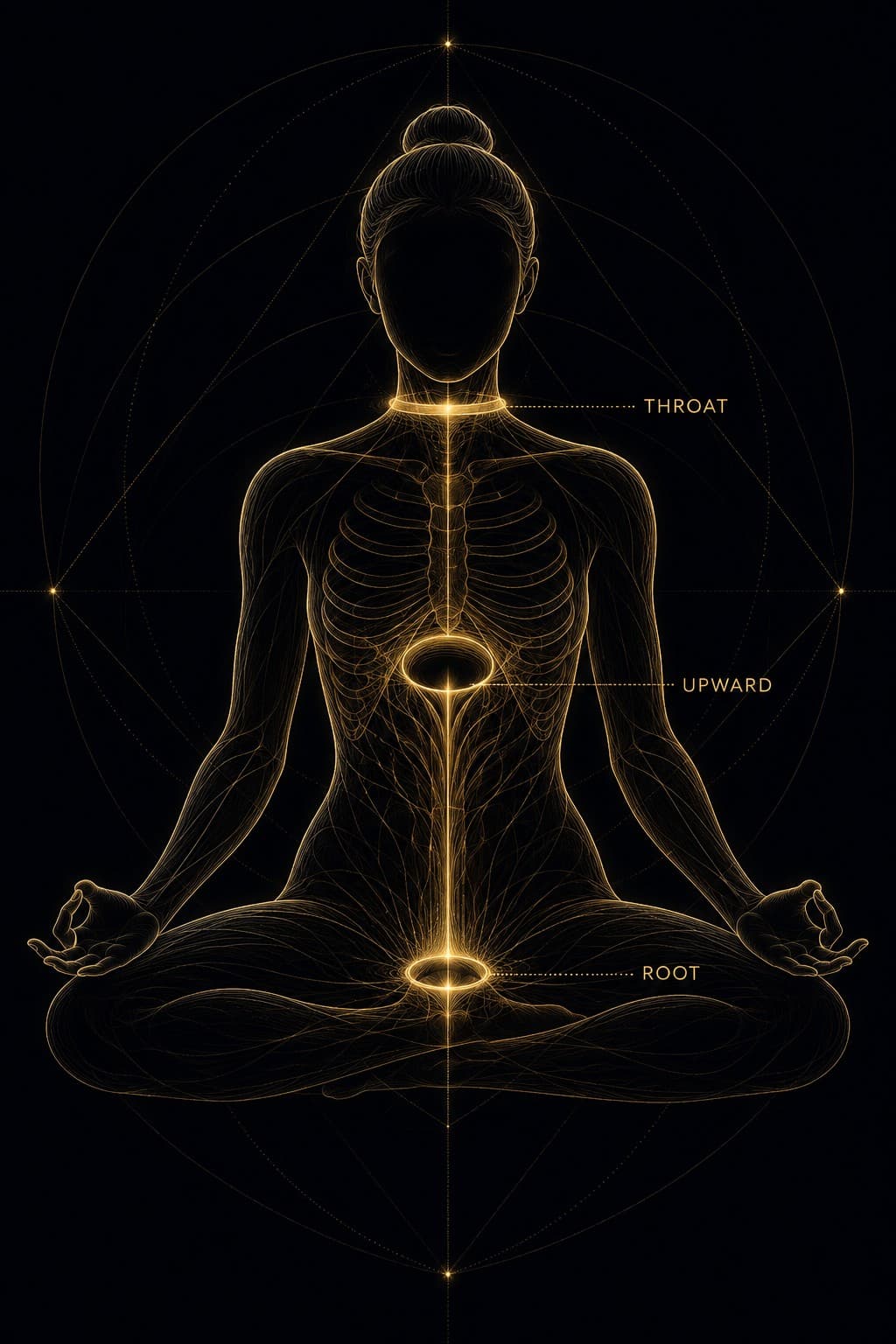 A figure seated upright in meditation rendered in aurum hairline linework on deep obsidian, three lock points marked along the central axis: a bright contracting ring at the pelvic floor, a drawn-in luminous hollow beneath the rib cage, and a sealing band at the throat where the chin meets the sternal notch.