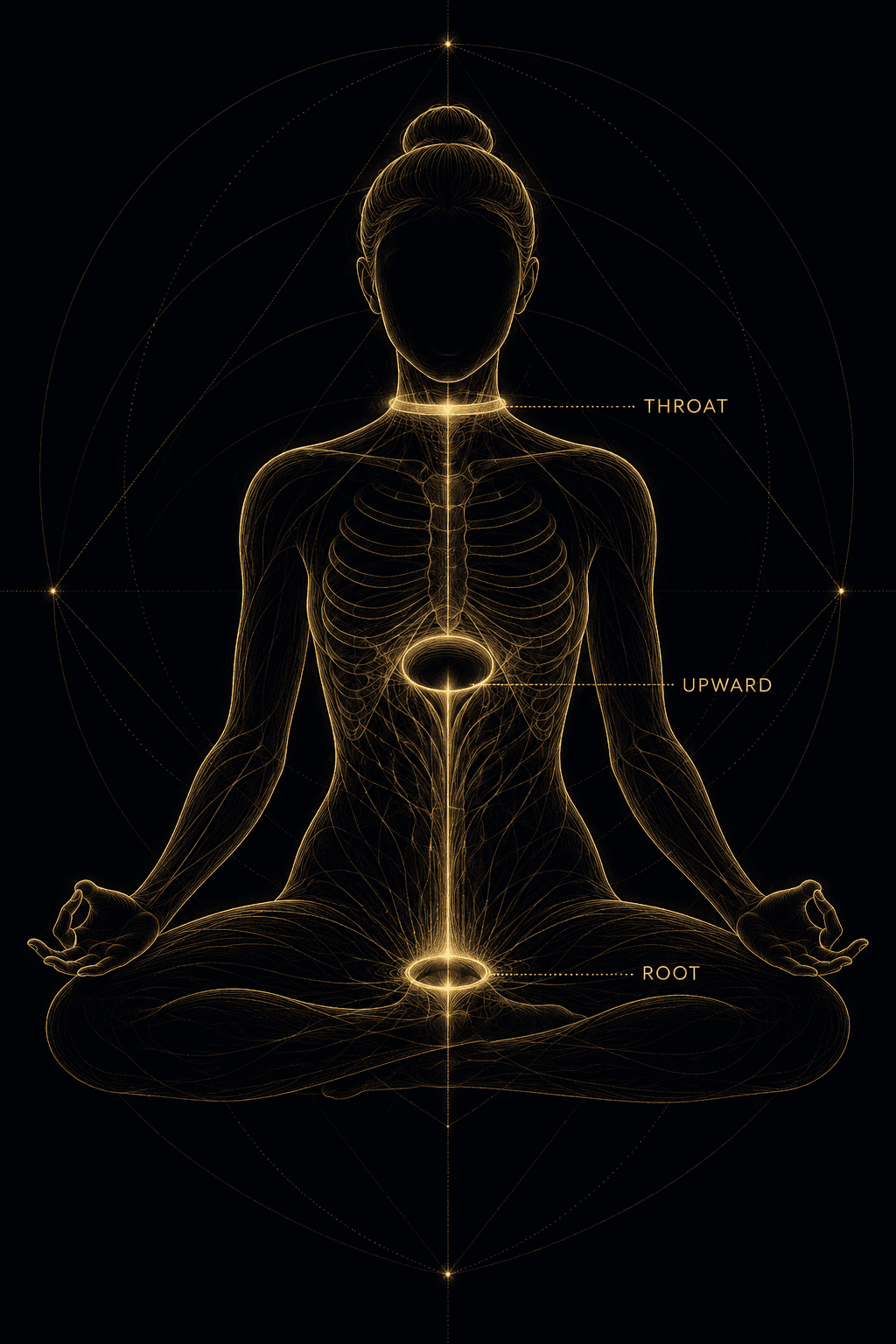 A figure seated upright in meditation rendered in aurum hairline linework on deep obsidian, three lock points marked along the central axis: a bright contracting ring at the pelvic floor, a drawn-in luminous hollow beneath the rib cage, and a sealing band at the throat where the chin meets the sternal notch.