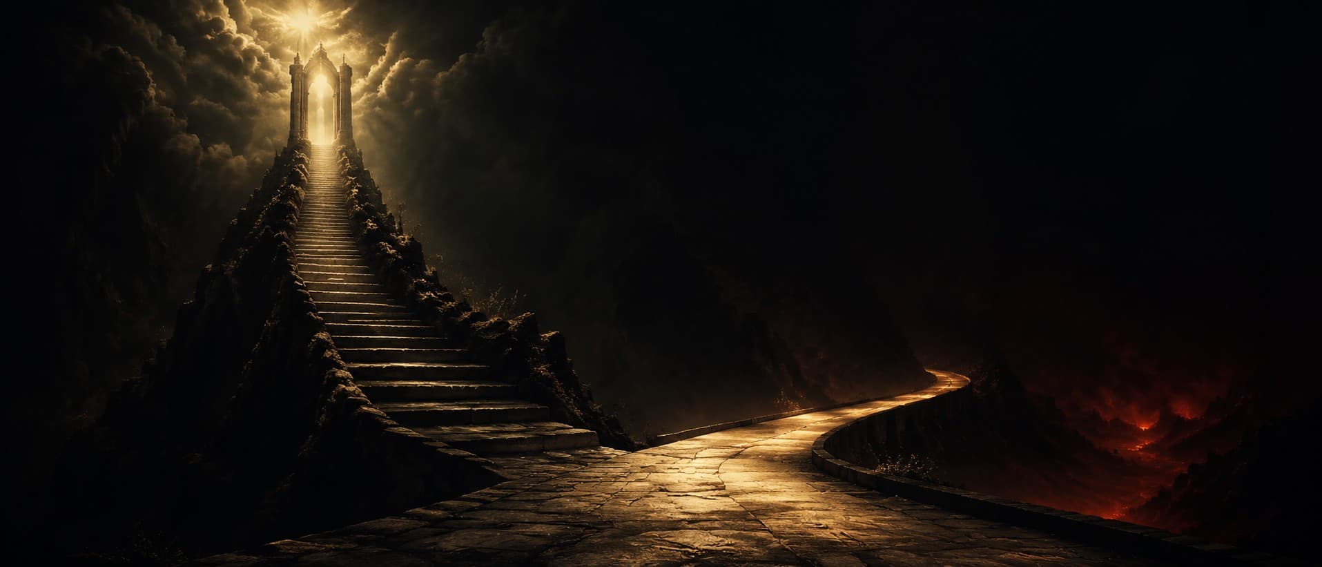 A wide cinematic vista in aurum and obsidian, two roads diverging from a single point: one broad and gently descending into a warm seductive glow that darkens at its far end, the other narrow and climbing steeply through a tight bright gate toward a high cold light.