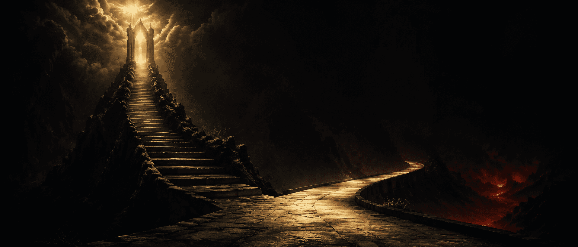 A wide cinematic vista in aurum and obsidian, two roads diverging from a single point: one broad and gently descending into a warm seductive glow that darkens at its far end, the other narrow and climbing steeply through a tight bright gate toward a high cold light.