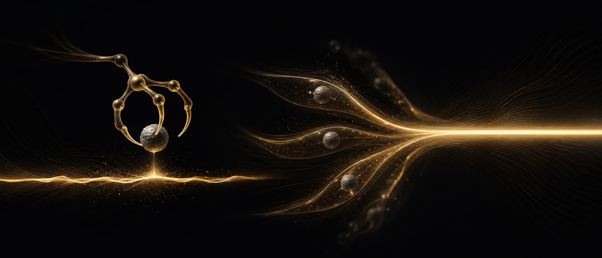 A 21:9 editorial diagram in aurum on obsidian showing the body's own metal-clearing machinery, a glutathione molecule gripping a metal ion in its thiol claw, selenium binding mercury into inert mercury selenide, sulfur feeding the Nrf2 master switch, and the bound metals carried out through bile and urine, the gold filament of the body's current brightening as the faults are removed.