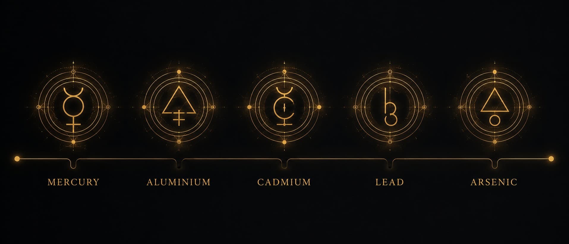 A 21:9 editorial diagram in aurum on obsidian, five toxic-metal sigils in a row, each labelled with its distinct sabotage of the body's circuit, mercury binding sulfur and tubulin, aluminium driving brain inflammation, cadmium displacing zinc, lead impersonating calcium and breaking heme, arsenic locking the energy gate.
