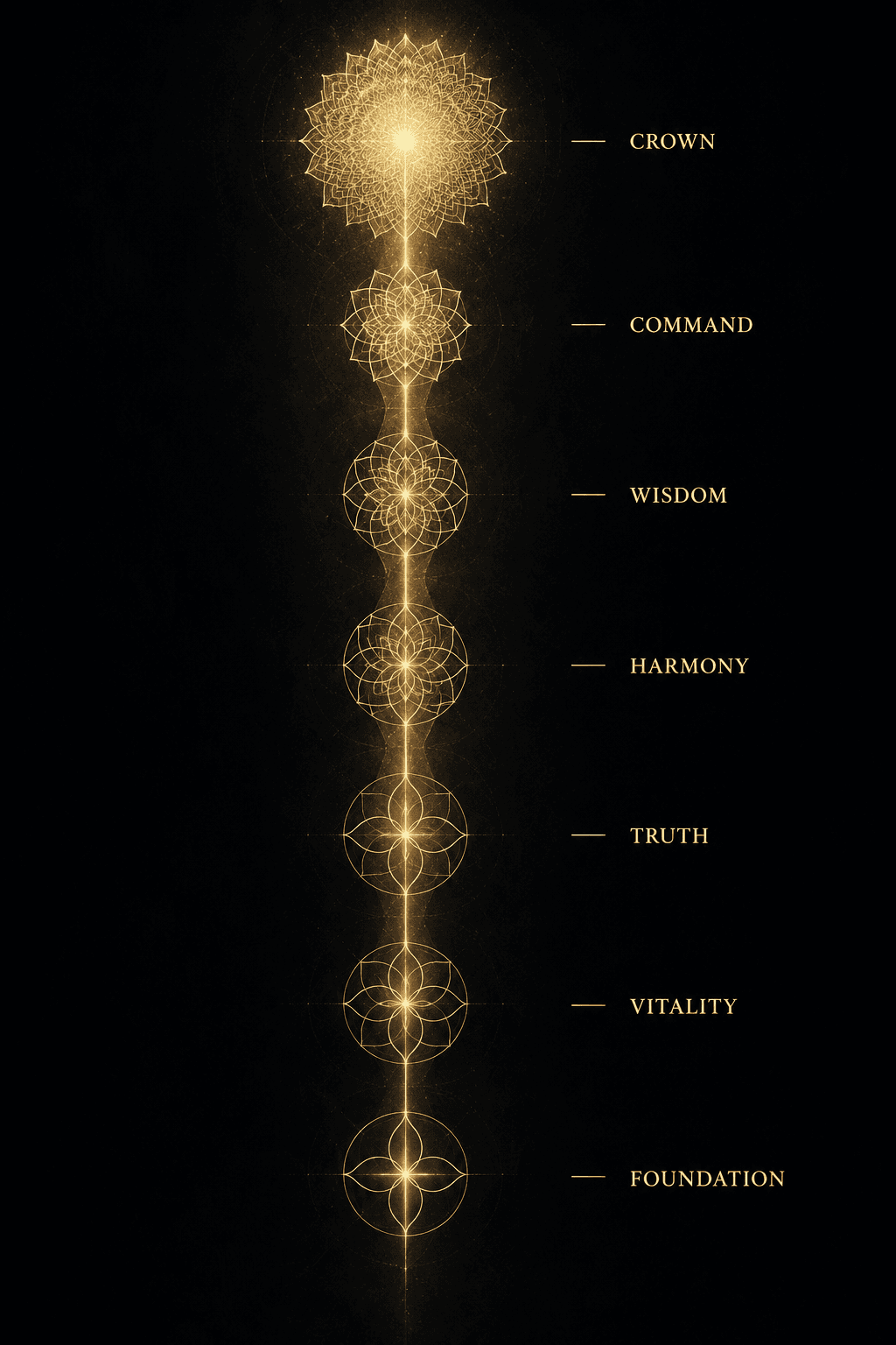 A vertical column of seven illuminated lotus chakras ascending against an obsidian field. Labelled from base to crown: Foundation, Vitality, Truth, Harmony, Wisdom, Command, Crown. The path of the awakened kundalini through the central channel of the spine.