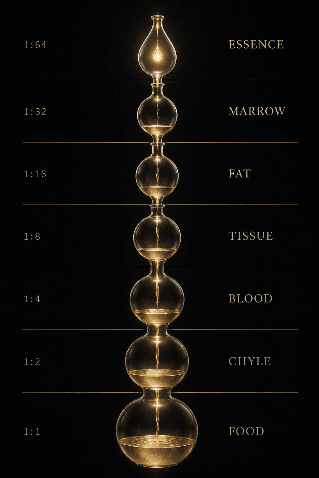 A vertical stack of seven golden distillation vessels rising against an obsidian field, each labelled with a tissue and a refinement ratio. Bottom to top: Food 1:1, Chyle 1:2, Blood 1:4, Tissue 1:8, Fat 1:16, Marrow 1:32, Essence 1:64. The classical seven-dhatu refinement, gross matter to subtle essence.