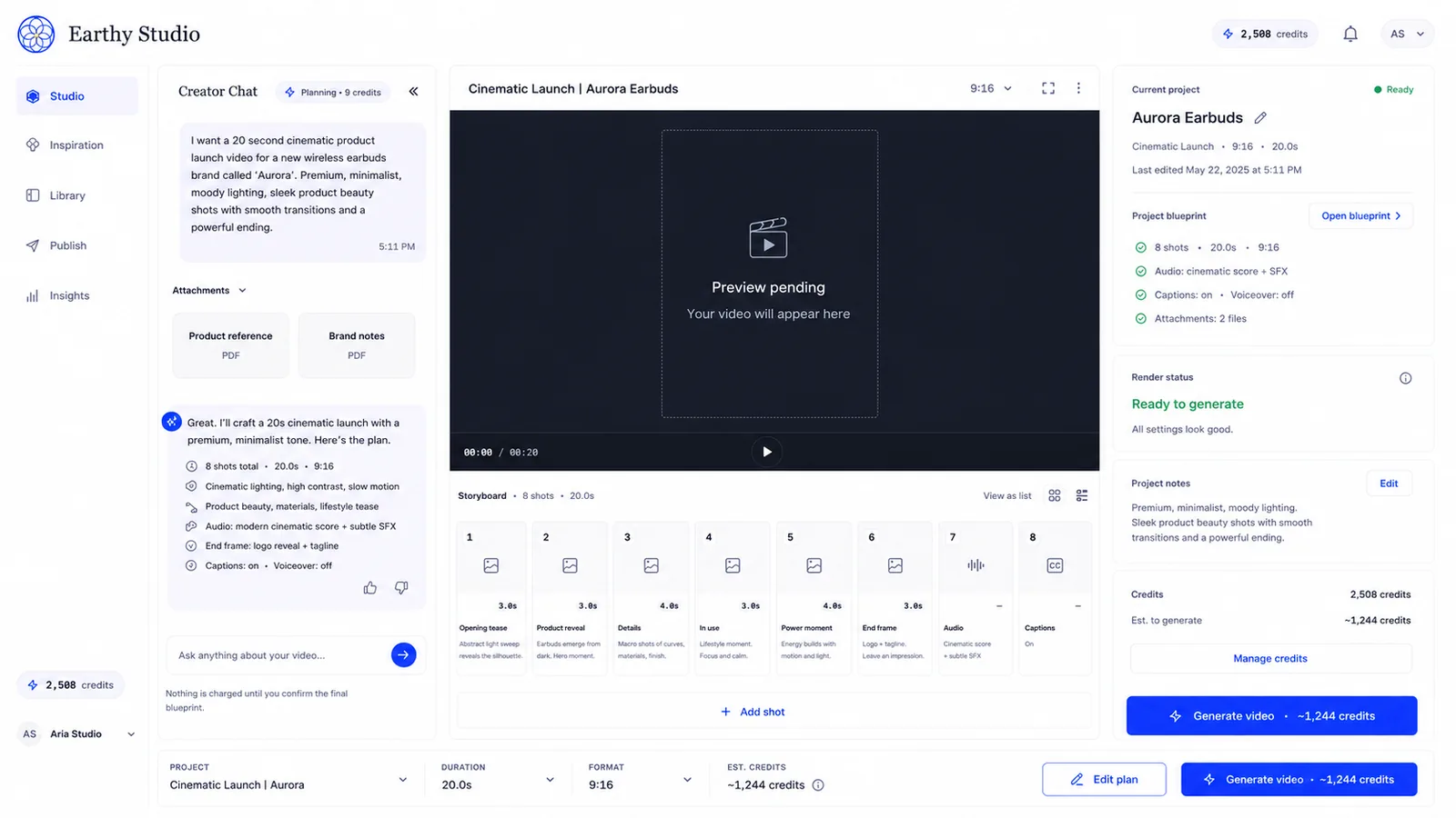 Creator studio. A chat brief for a twenty second product launch, an eight shot storyboard with per-shot timings, and a render priced in credits before anything is generated.