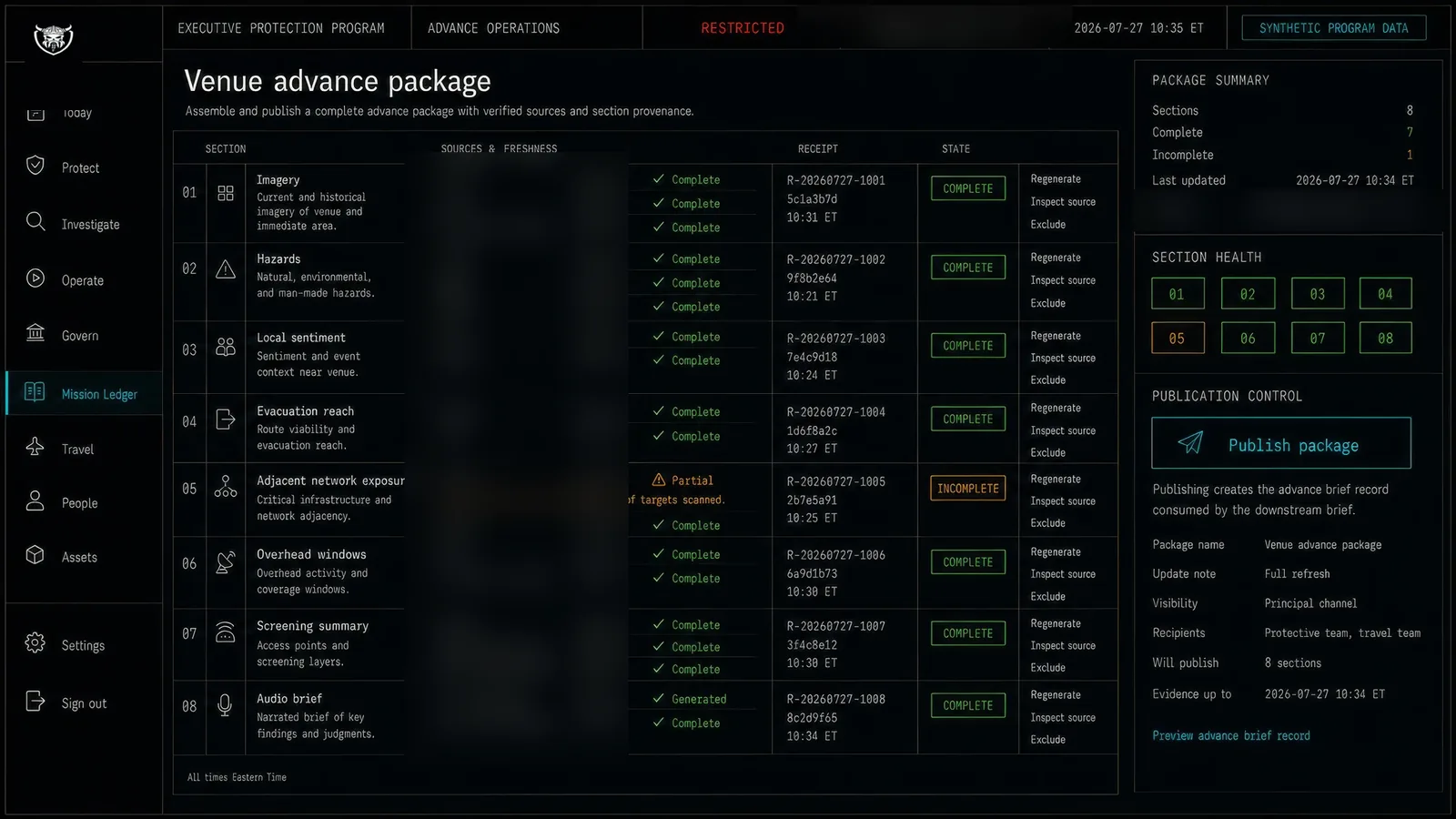 Venue advance package. Eight sections with their sources, freshness times and receipts, one marked incomplete because a source hit an API rate limit.