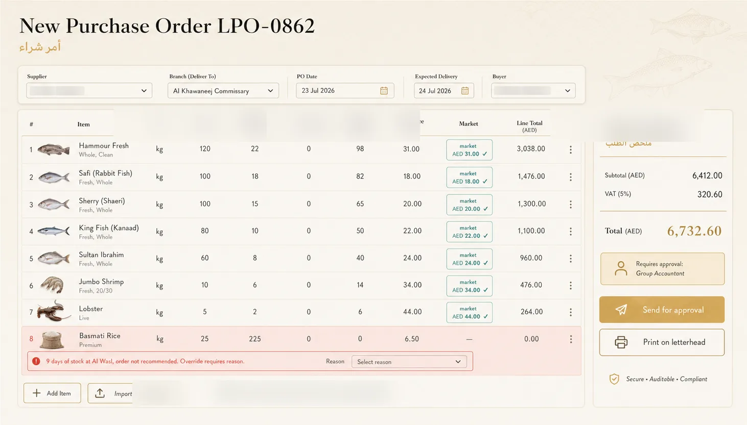 New purchase order. Line items priced against live market rates, with an order for rice blocked because the branch already holds nine days of stock.