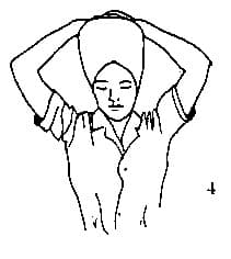 the hands in Venus Lock (fingers interlaced, palms facing down) exactly on top of the head